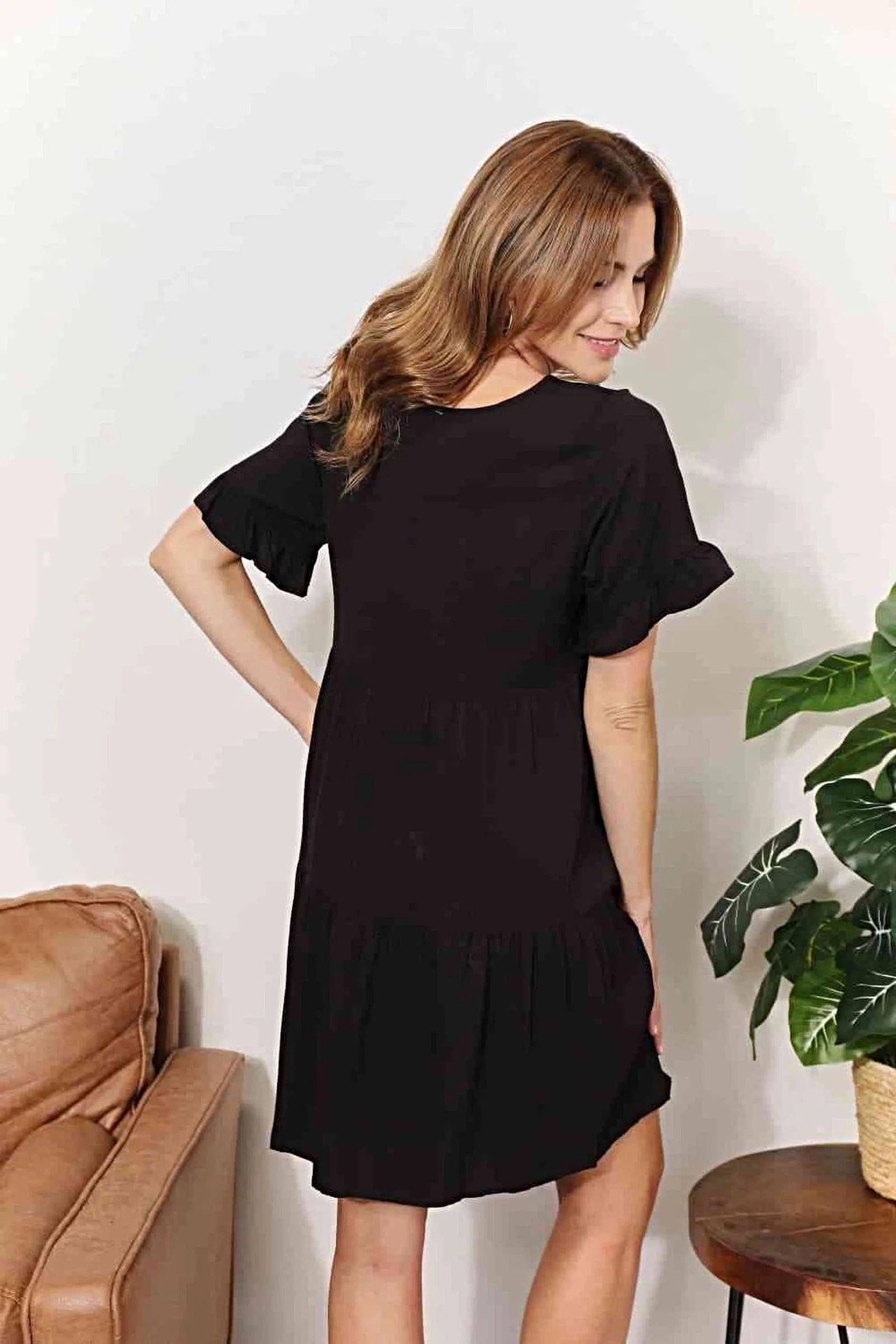 Double Take V-Neck Flounce Sleeve Tiered Dress -