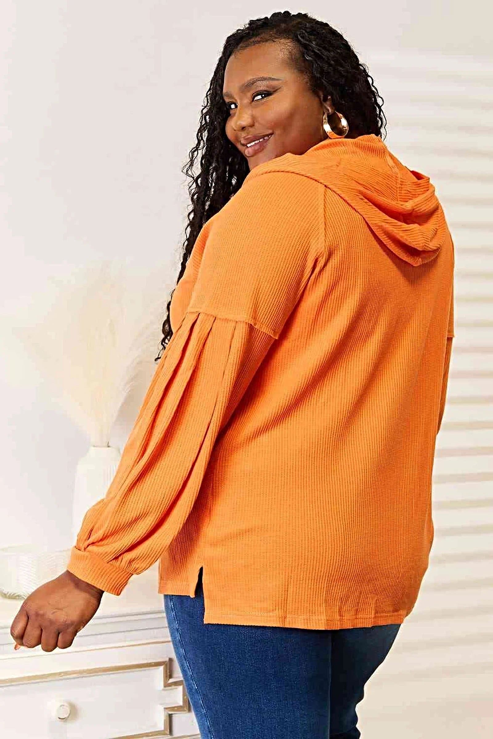 Basic Bae Side Slit Buttoned Waffle Knit Hoodie, Also in Plus sizes -