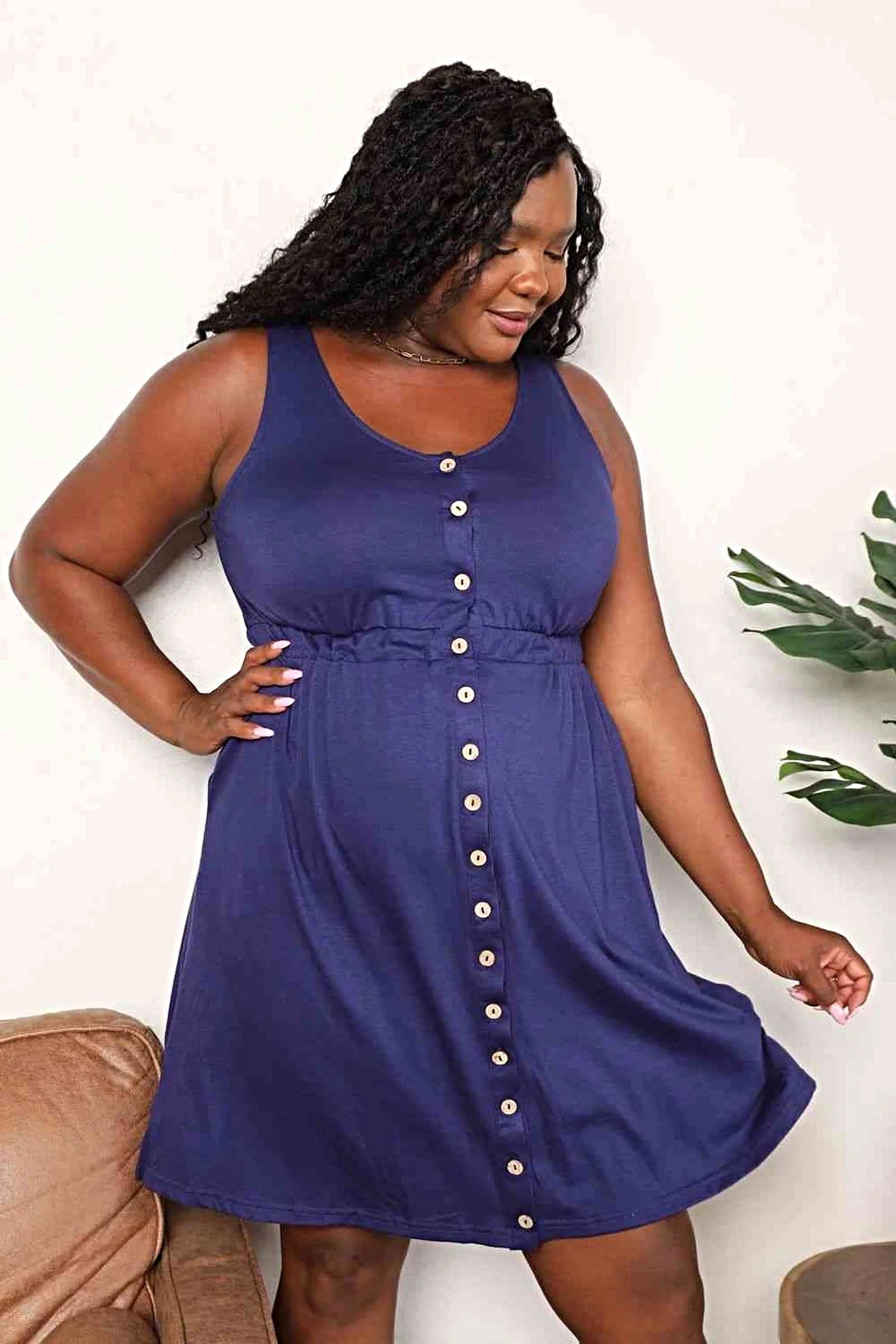 Double Take Button Front Empire Waist Sleeveless Slit Magic Dress -