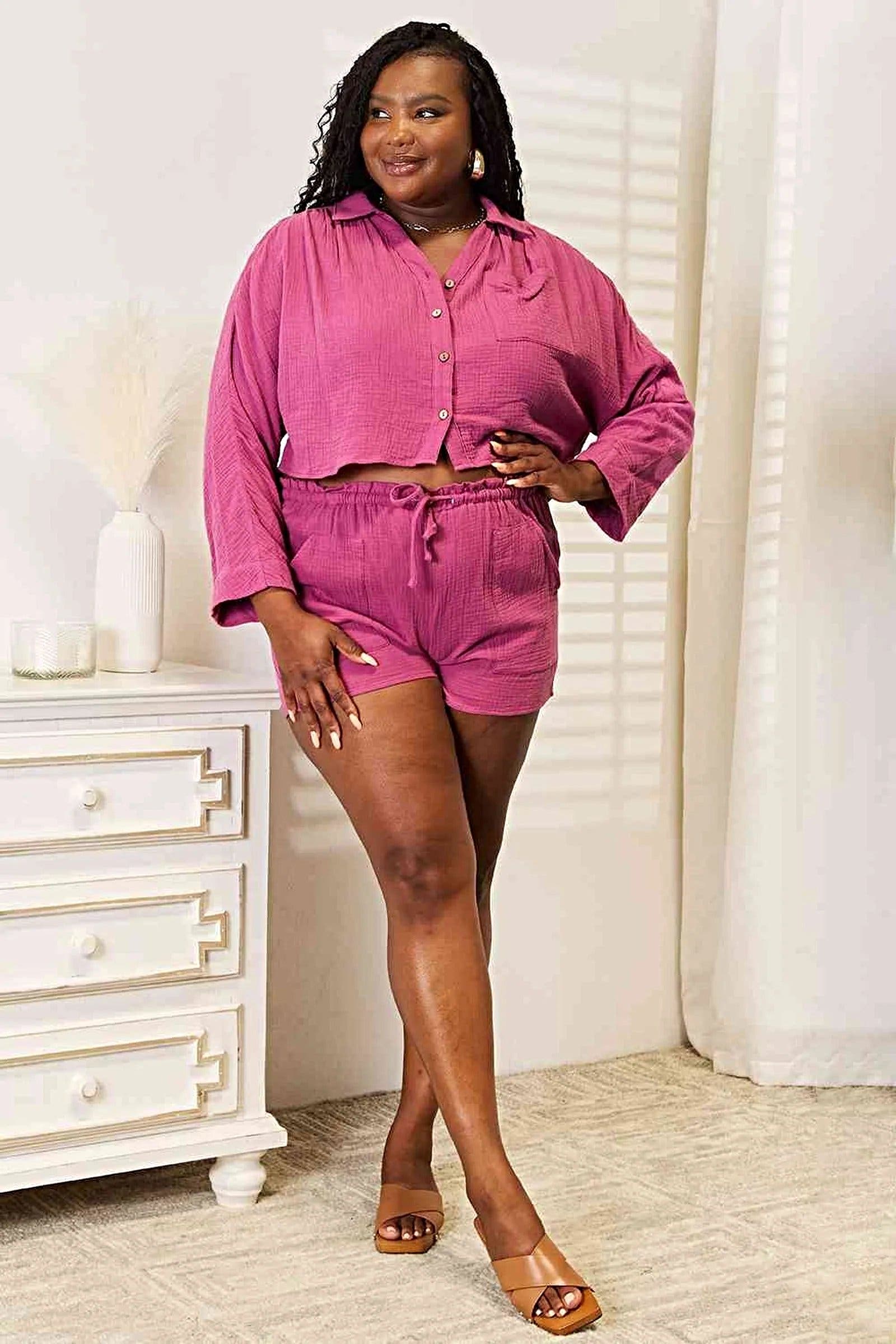 Casual Summer Outfit: 2-Piece Buttoned Long Sleeve Top & Shorts Set for Stylish Comfort Trendsi