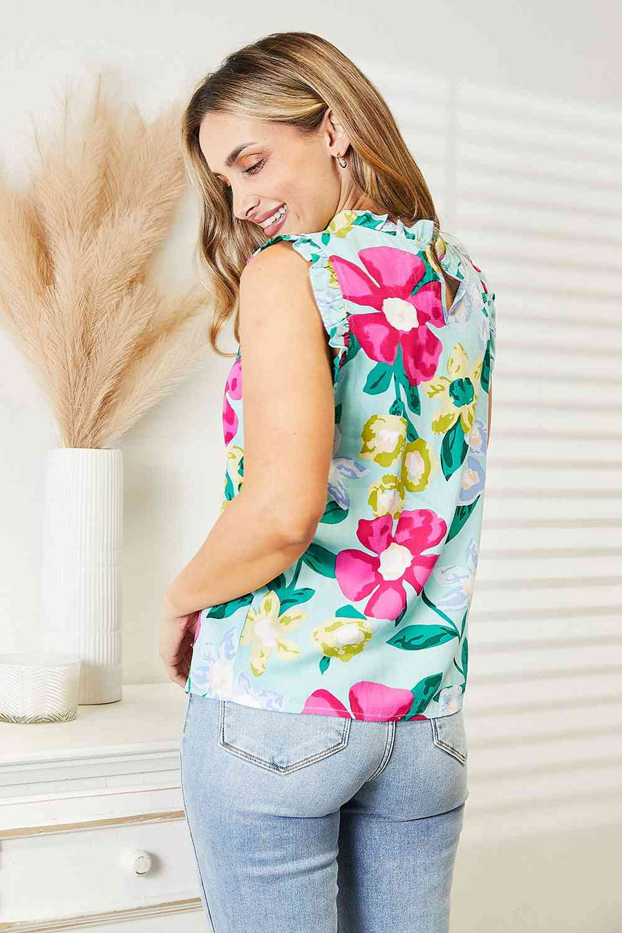 Double Take Floral Print Ruffle Shoulder Blouse-Trendsi-Gum Leaf-S-SatinBoutique