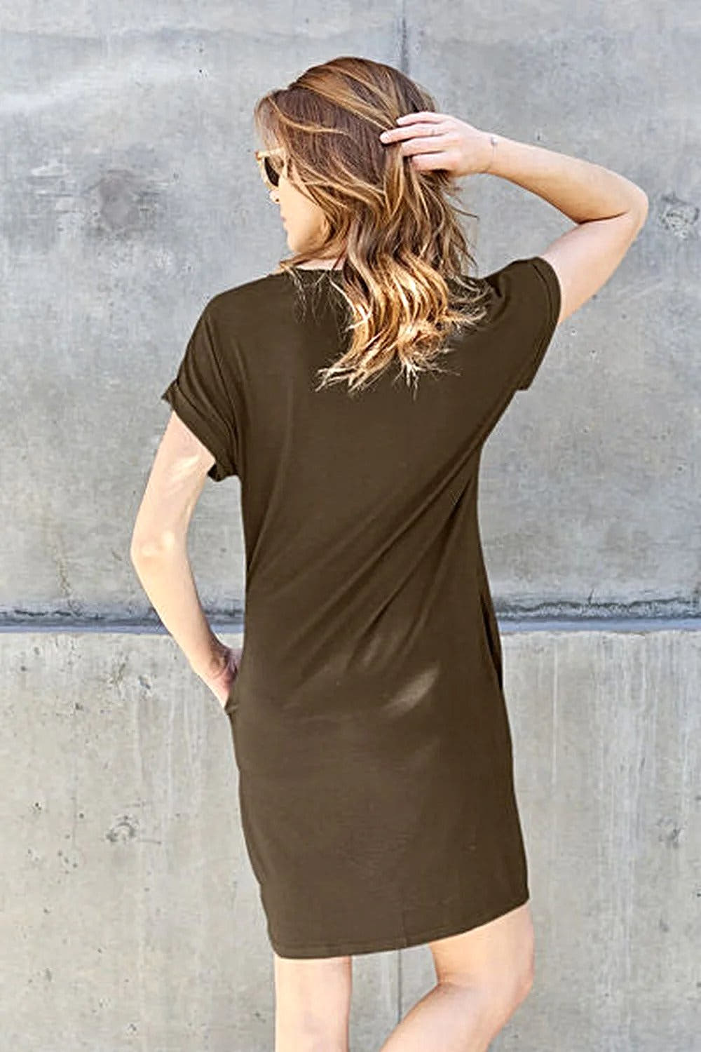 Casual Short Sleeve Dress With Pockets - Basic Bae Full Size Round Neck Style Trendsi