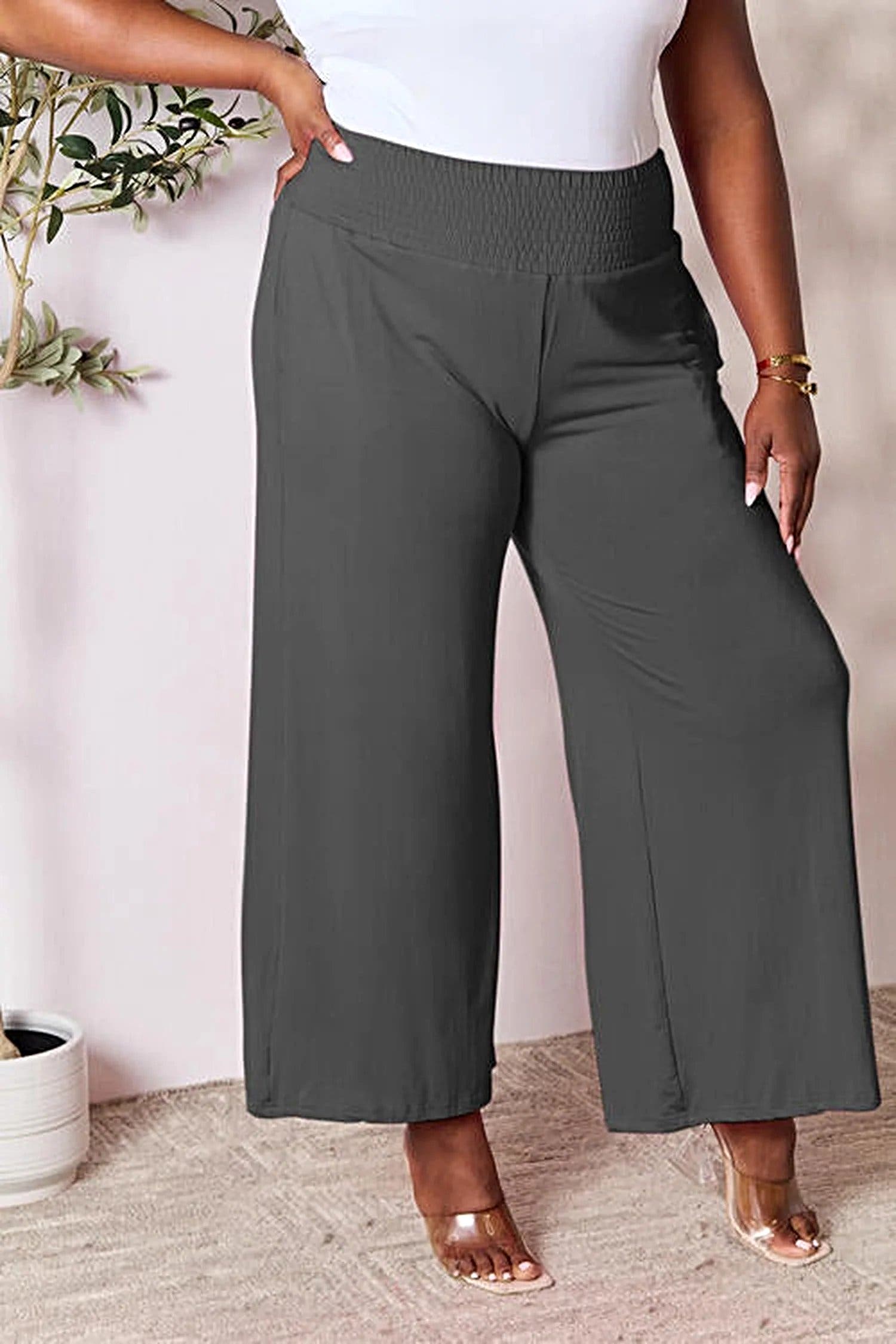 Elegant Wide Leg Pants with Smocked Waistband - Opaque Comfort in Sizes S-3XL Trendsi