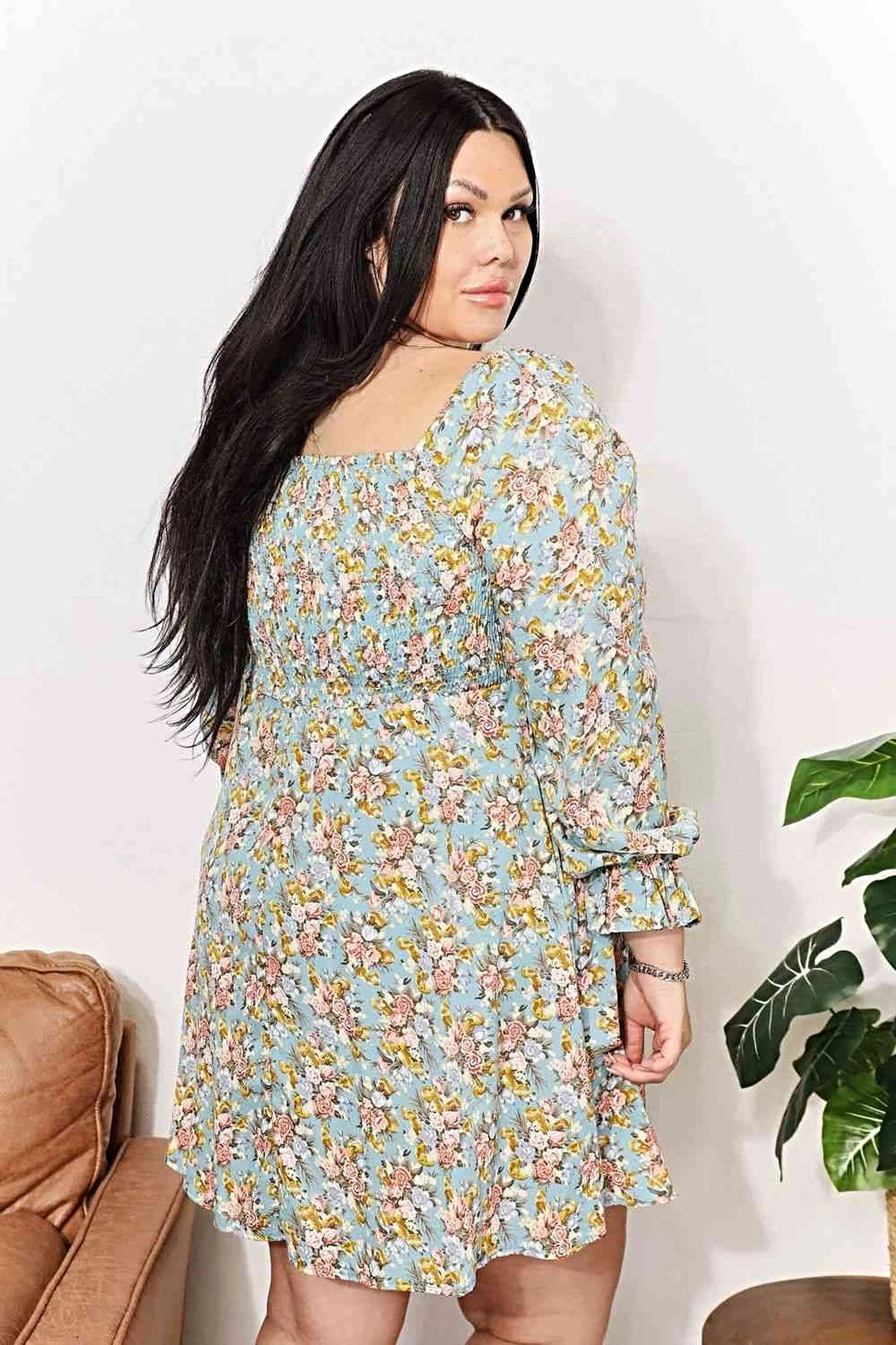 Double Take Floral Smocked Flounce Sleeve Square Neck Dress -