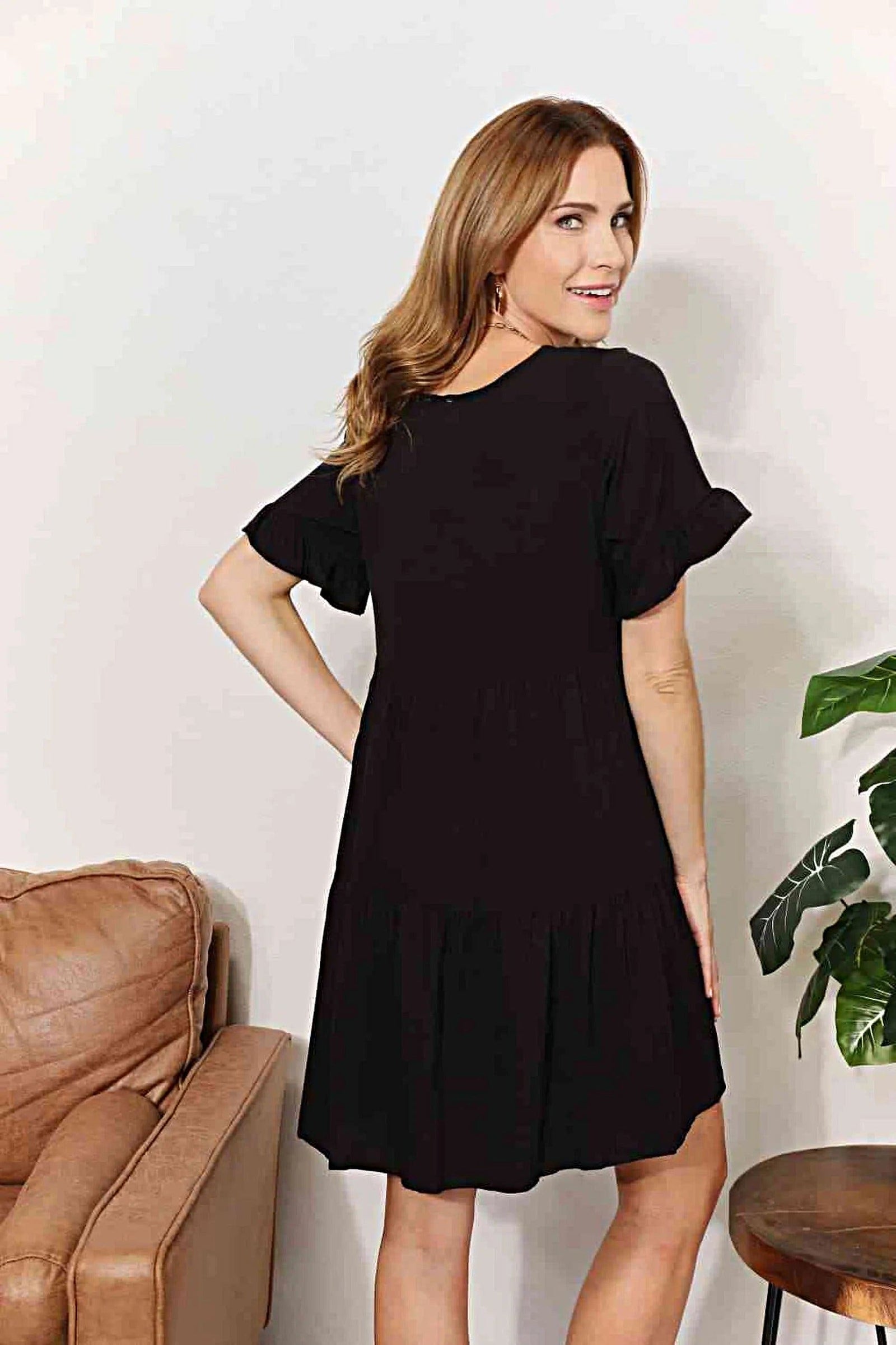 Double Take V-Neck Flounce Sleeve Tiered Dress -