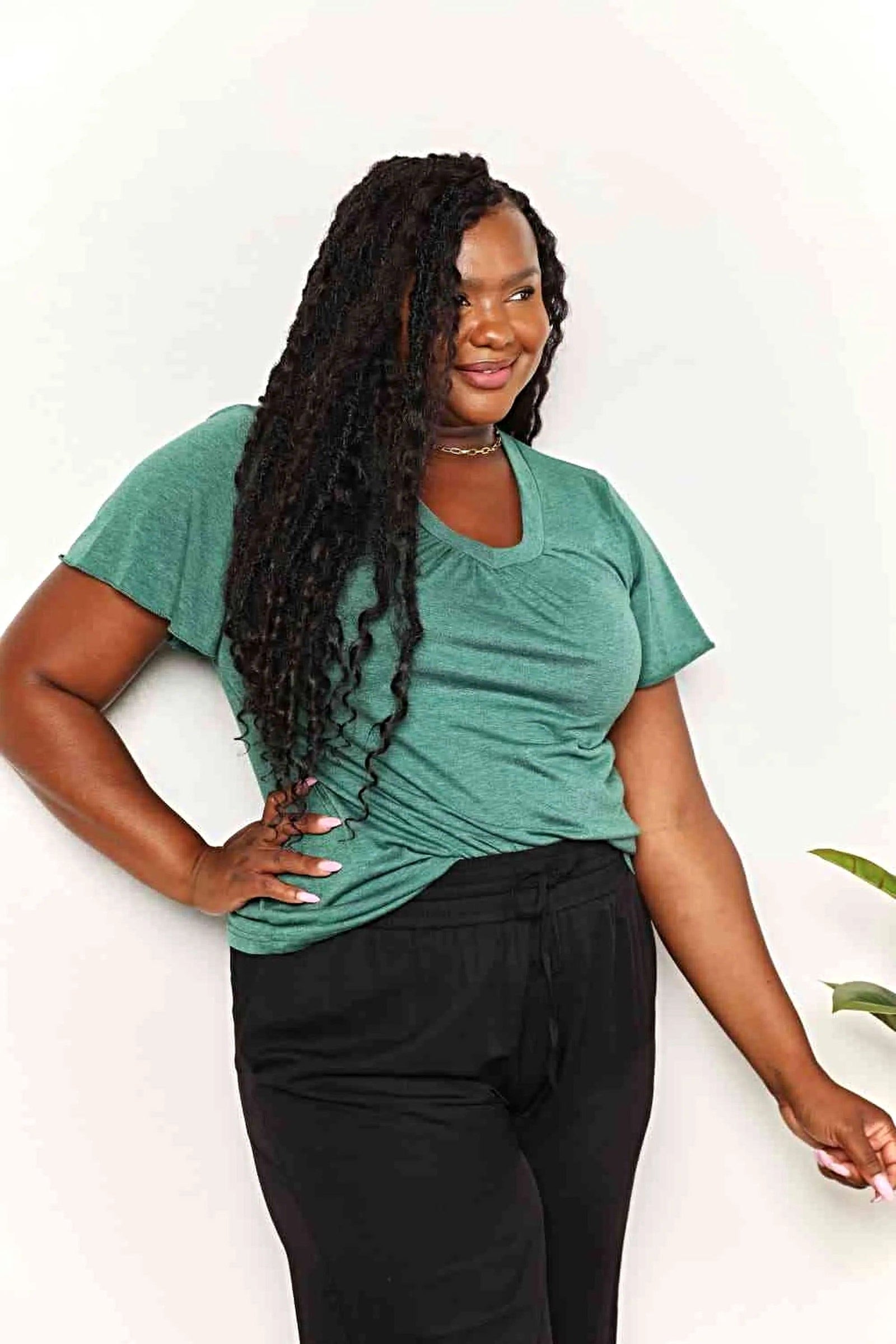 Stylish Ruched V-Neck T-Shirt with Flutter Sleeves - Chic Everyday Essential Trendsi