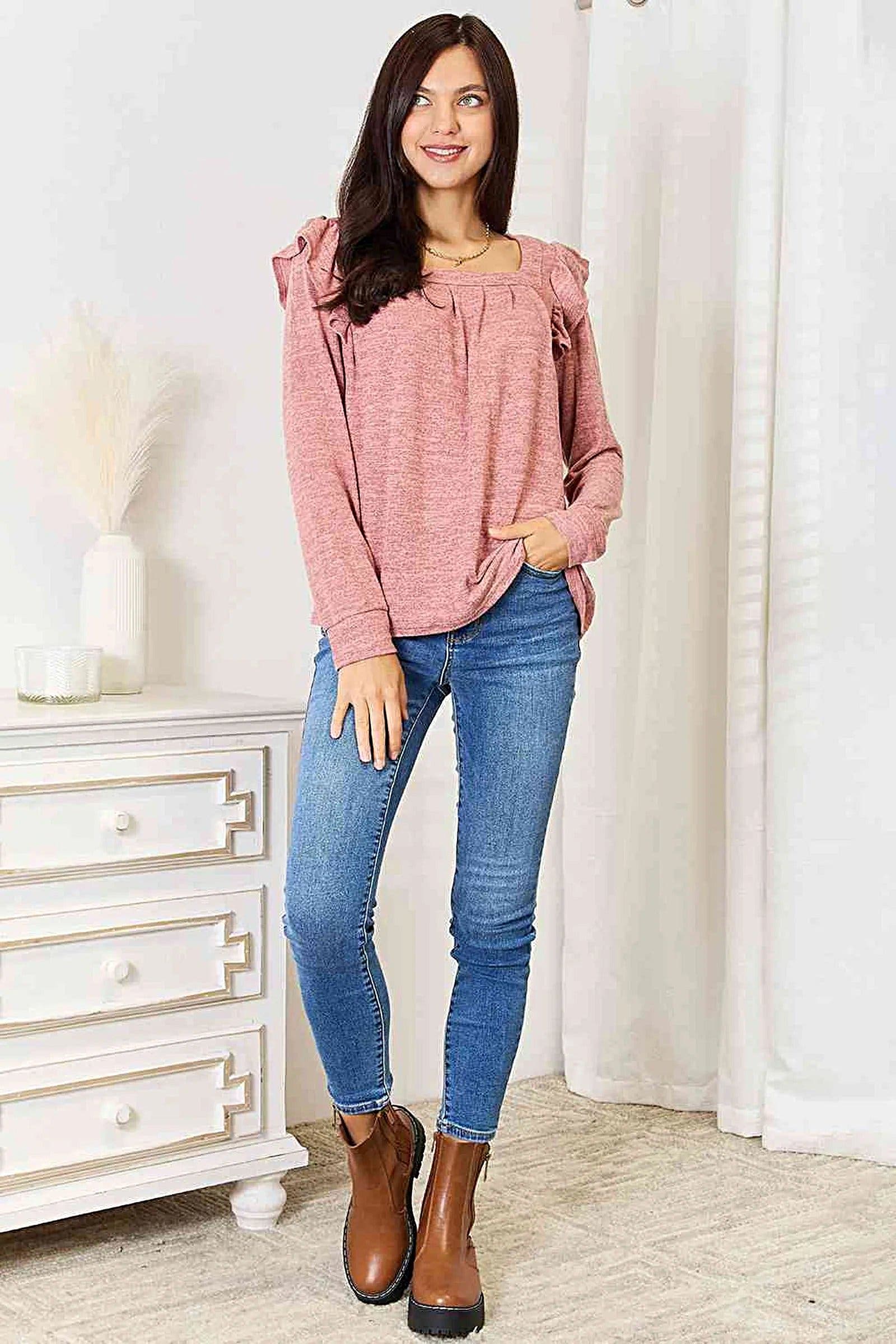 Elegant Ruffle Shoulder Top - Square Neck Long Sleeve T-Shirt in Plus Sizes Trendsi
