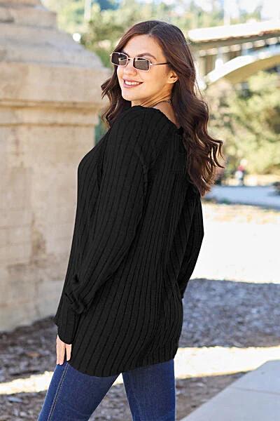 Trendy Ribbed Long Sleeve Top - Basic Bae Opaque Knit with Slight Stretch in Various Sizes Trendsi