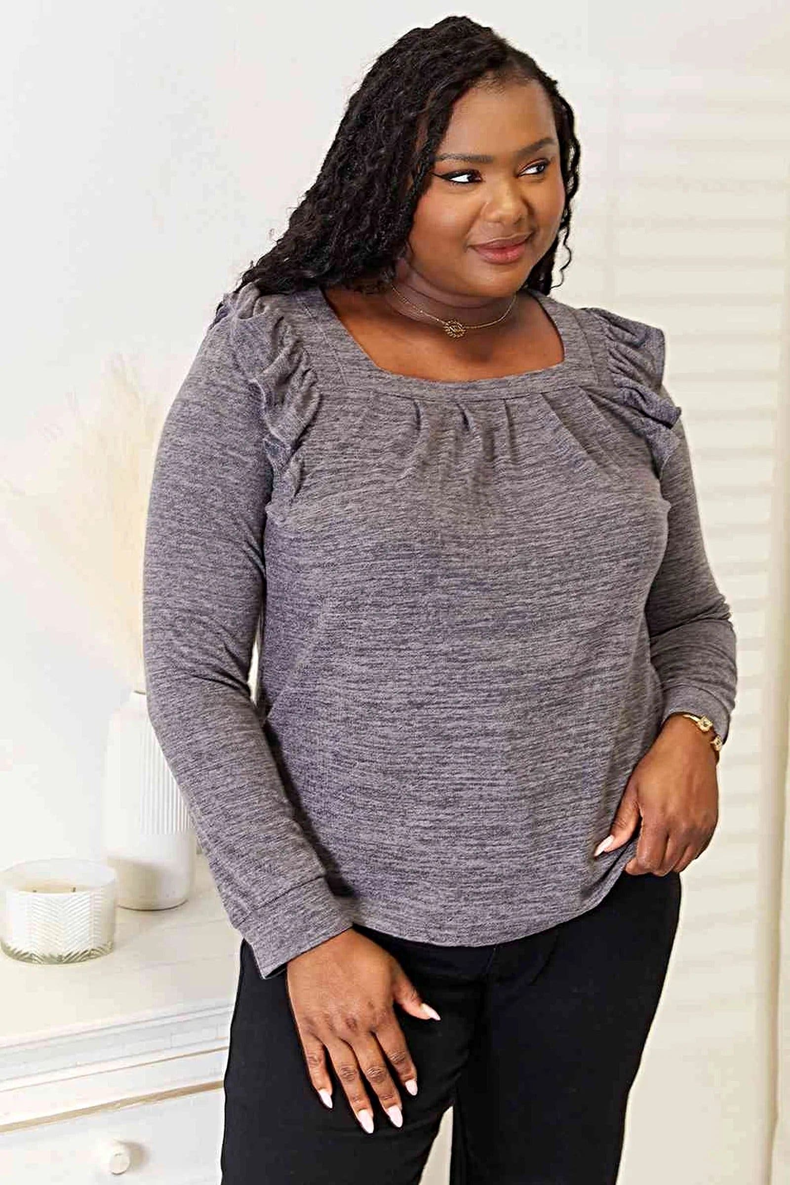Elegant Ruffle Shoulder Top - Square Neck Long Sleeve T-Shirt in Plus Sizes Trendsi