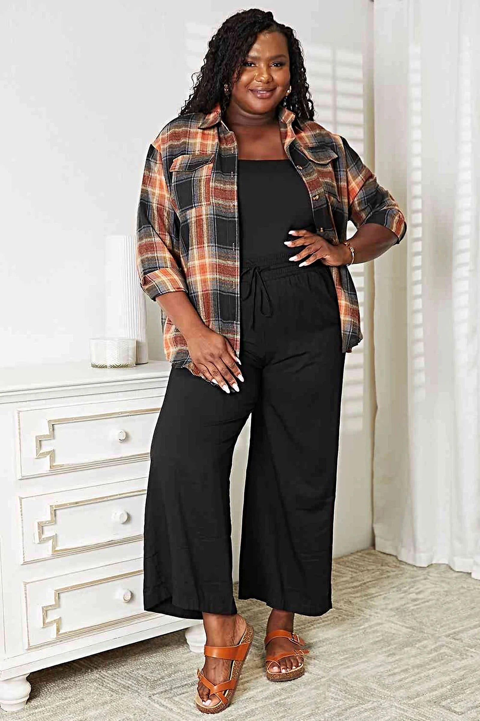 Chic 100% Polyester Plaid Dropped Shoulder Shirt with Collared Neckline and Relaxed Fit Trendsi