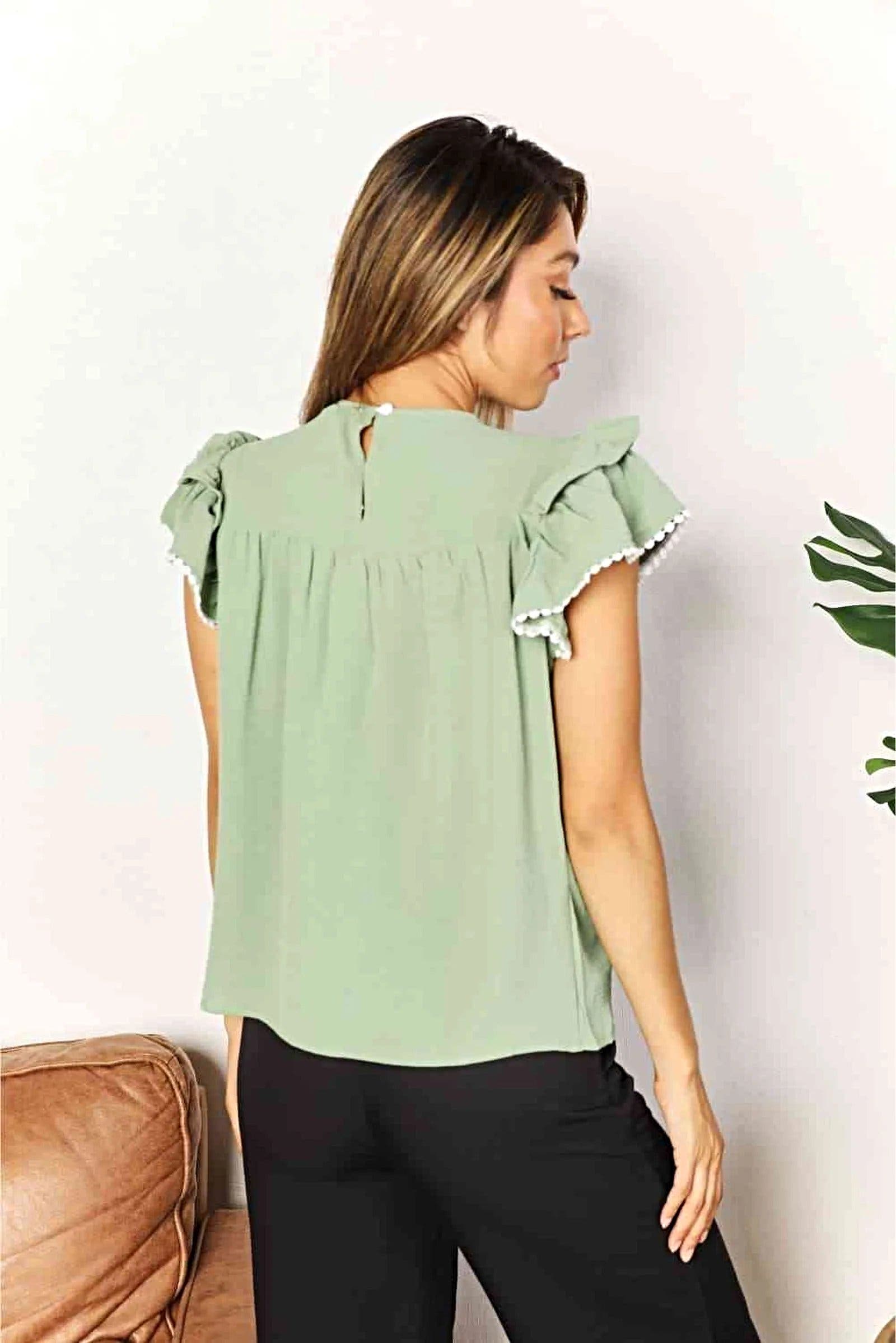 Double Take Pleated Detail Flutter Sleeve Blouse -
