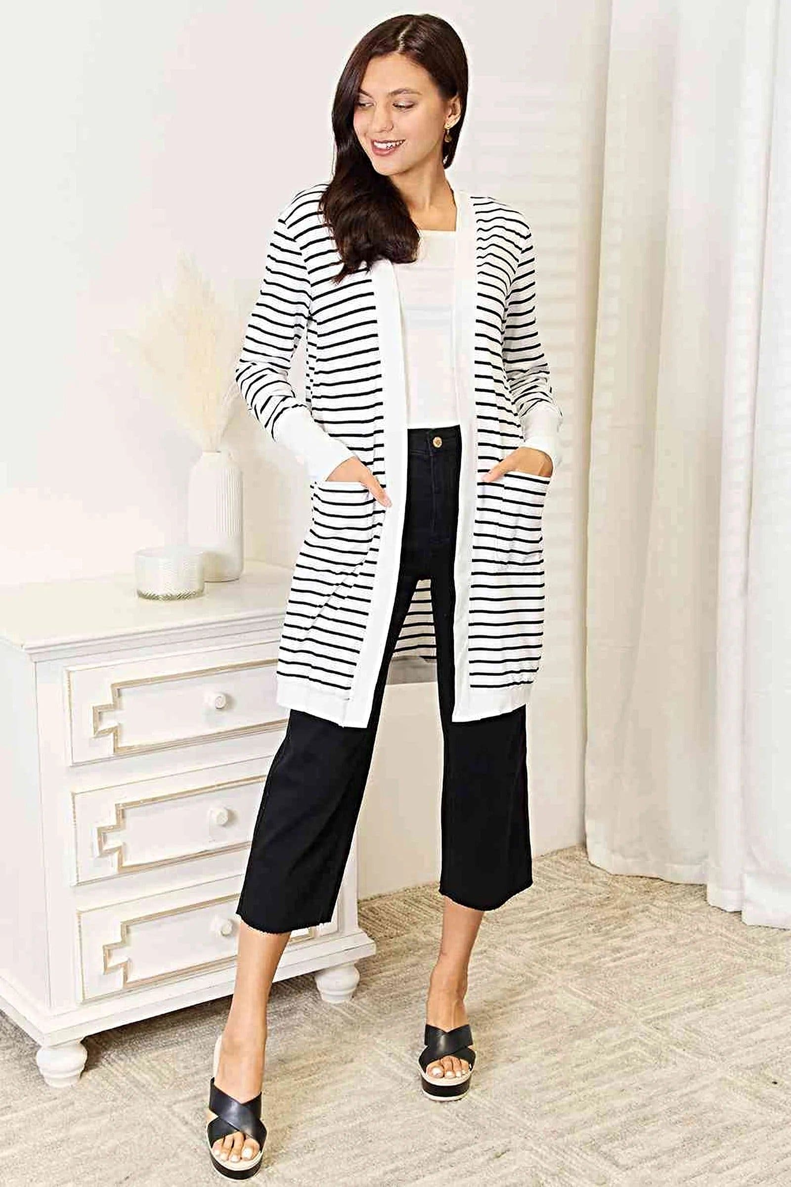 Elegant Striped Longline Cardigan with Open Front and Pockets for Effortless Style Trendsi