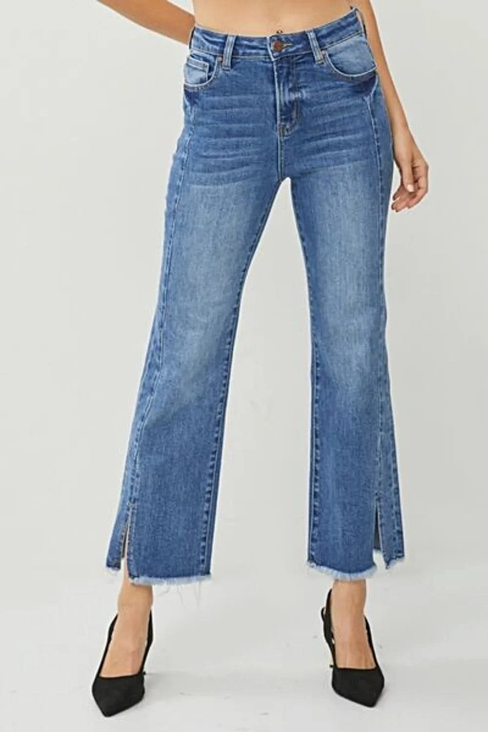 RISEN High Waist Raw Hem Slit Straight Jeans - Jeans