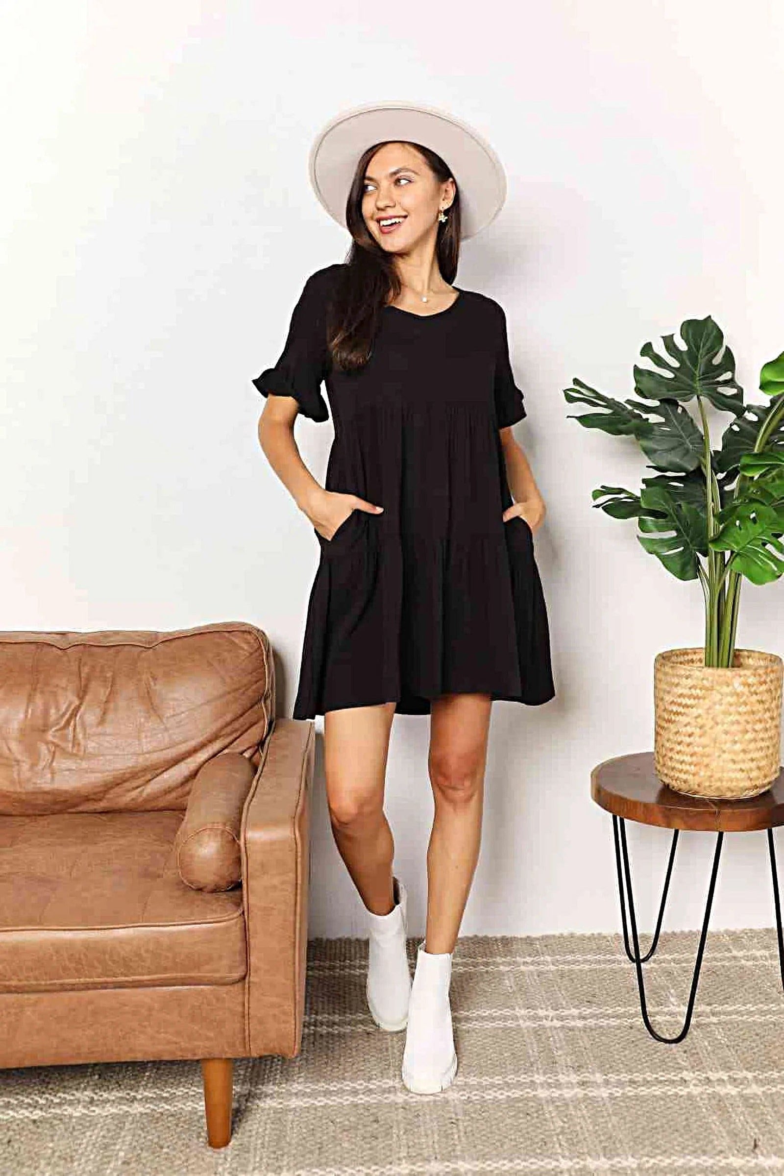 Double Take V-Neck Flounce Sleeve Tiered Dress -