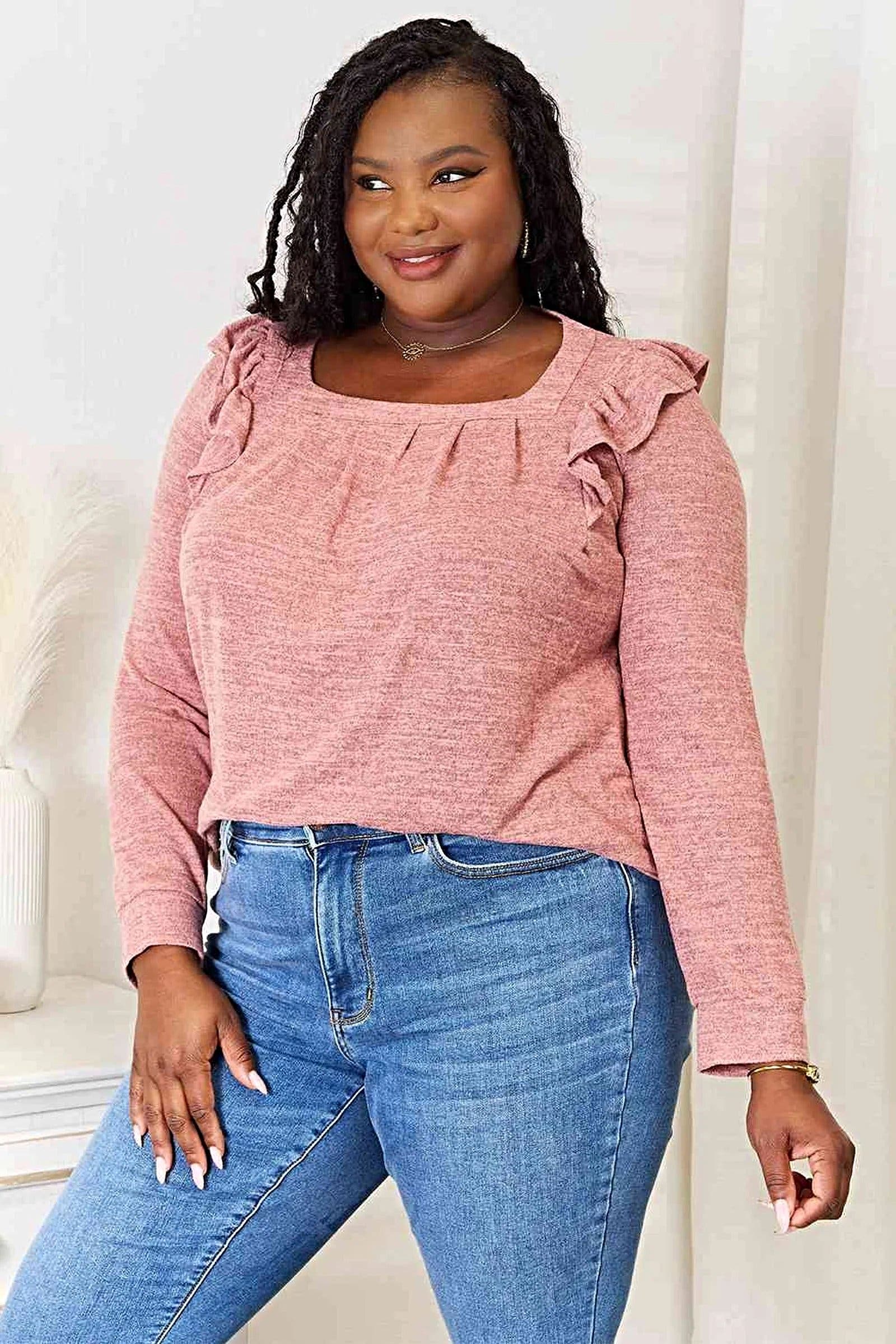Elegant Ruffle Shoulder Top - Square Neck Long Sleeve T-Shirt in Plus Sizes Trendsi