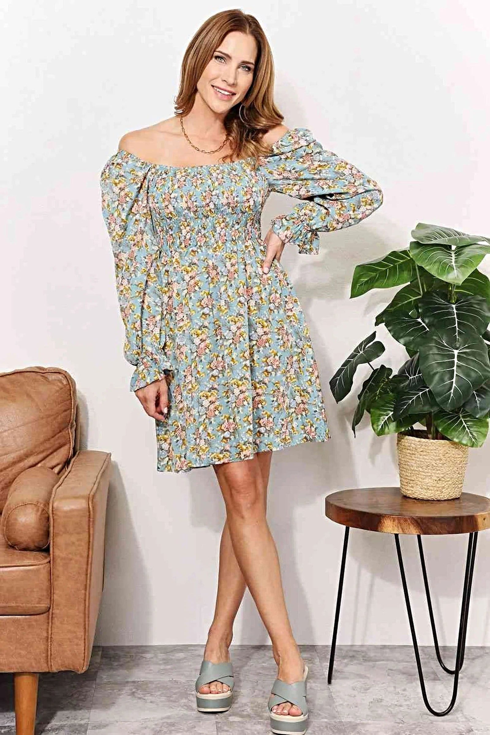 Double Take Floral Smocked Flounce Sleeve Square Neck Dress -