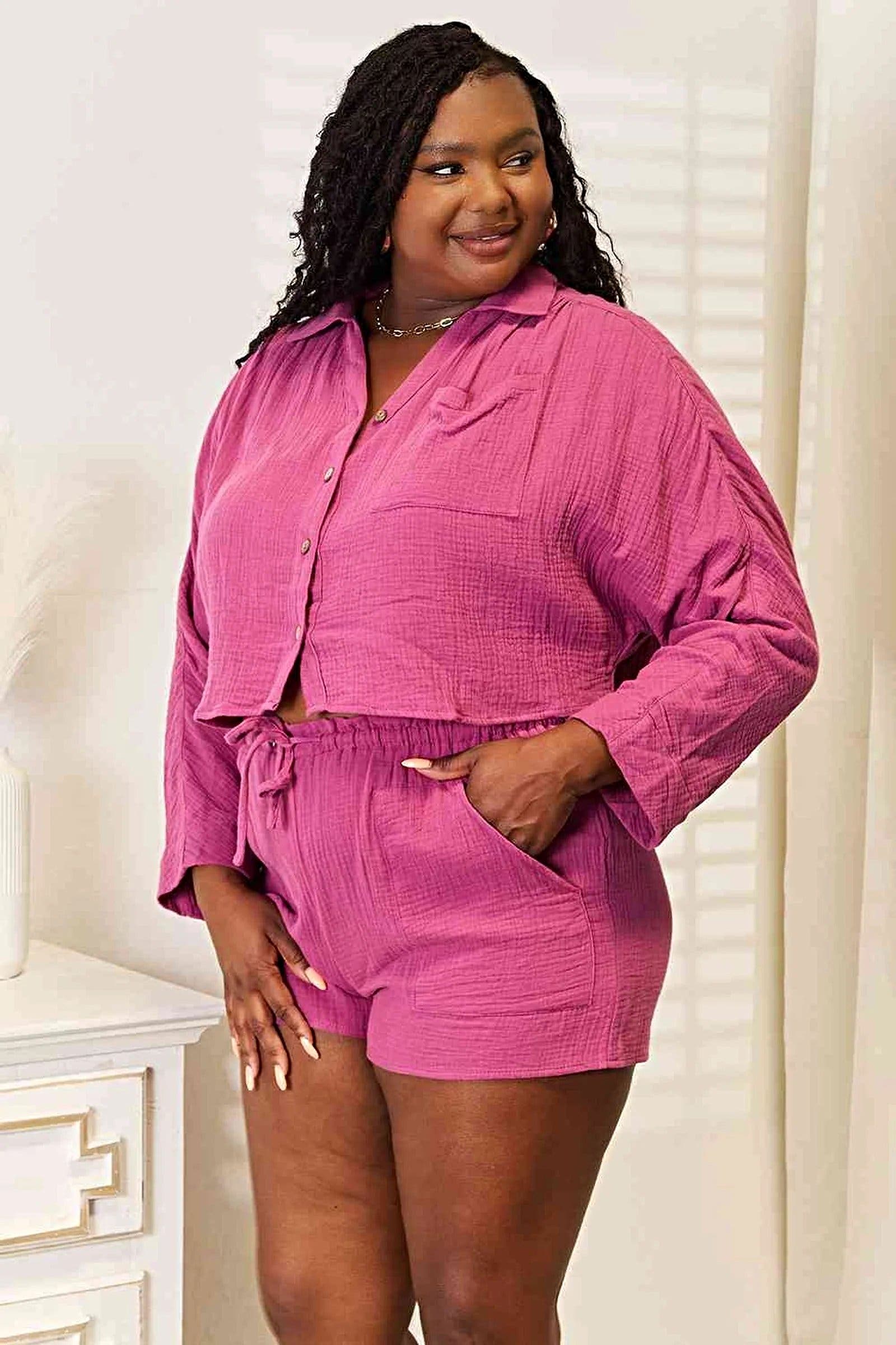 Casual Summer Outfit: 2-Piece Buttoned Long Sleeve Top & Shorts Set for Stylish Comfort Trendsi