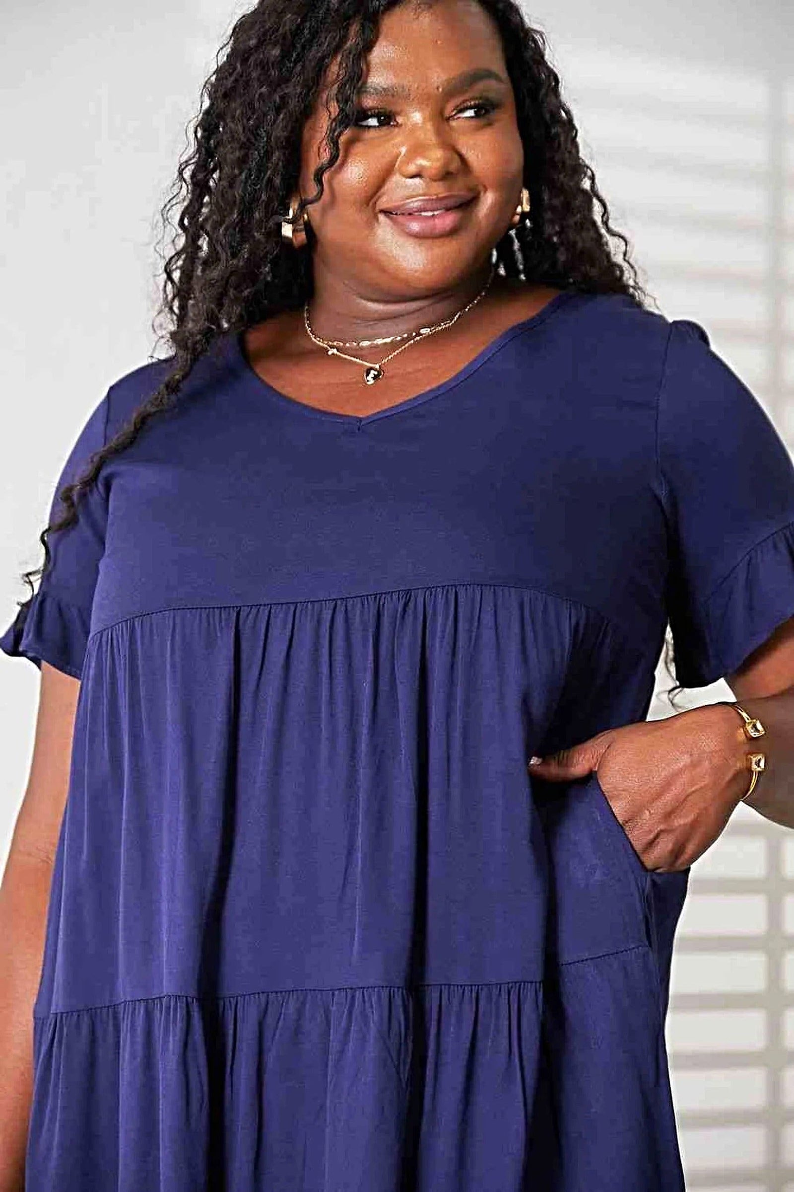 Double Take V-Neck Flounce Sleeve Tiered Dress -