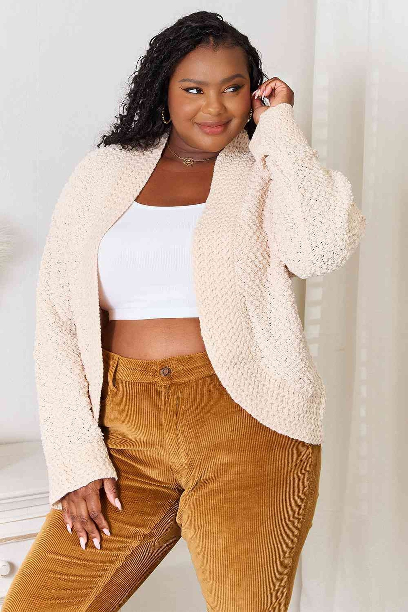 Elegant 100% Acrylic Open Front Cardigan with Long Sleeves - Cozy Layering Essential Trendsi