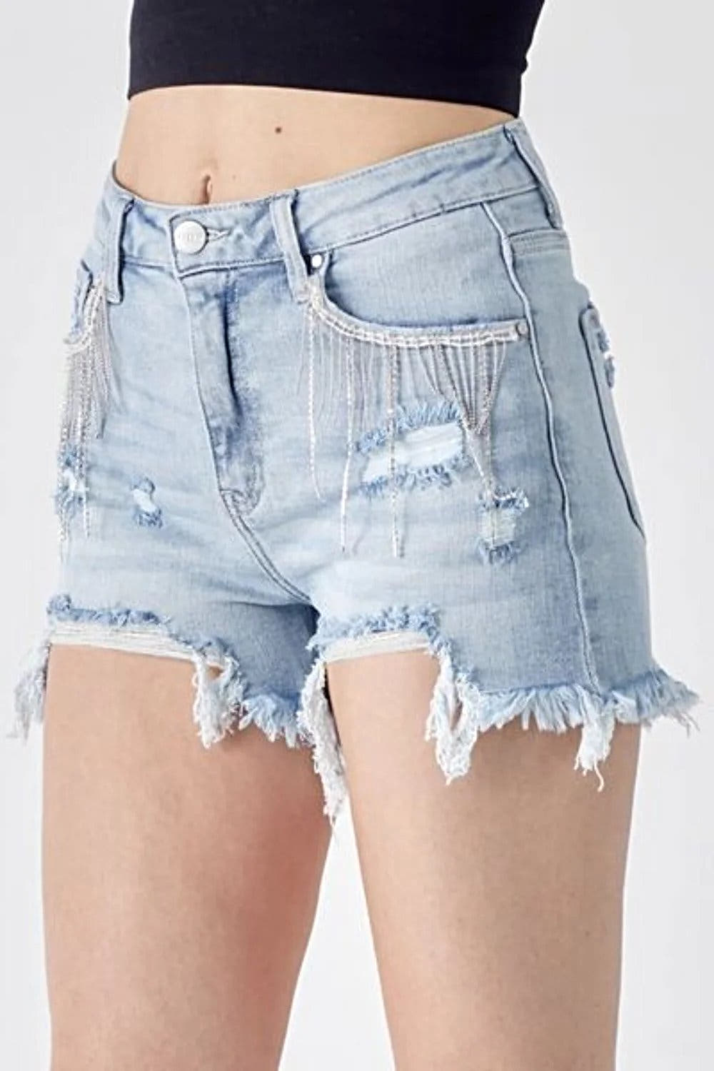 Sophisticated Frayed Hem Denim Shorts with Unique Fringe Detail Pockets for Fashion-Forward Style Trendsi