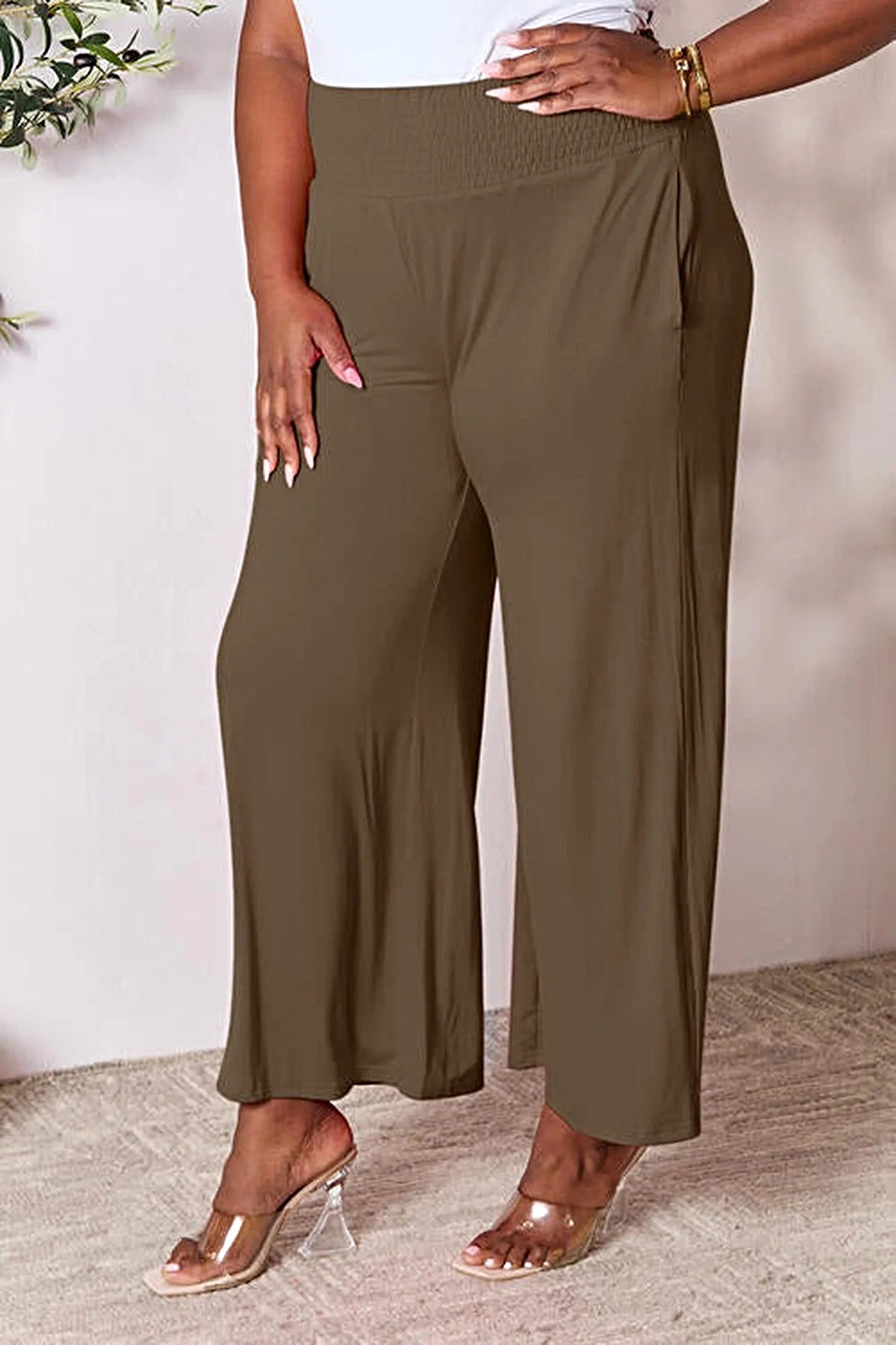 Elegant Wide Leg Pants with Smocked Waistband - Opaque Comfort in Sizes S-3XL Trendsi