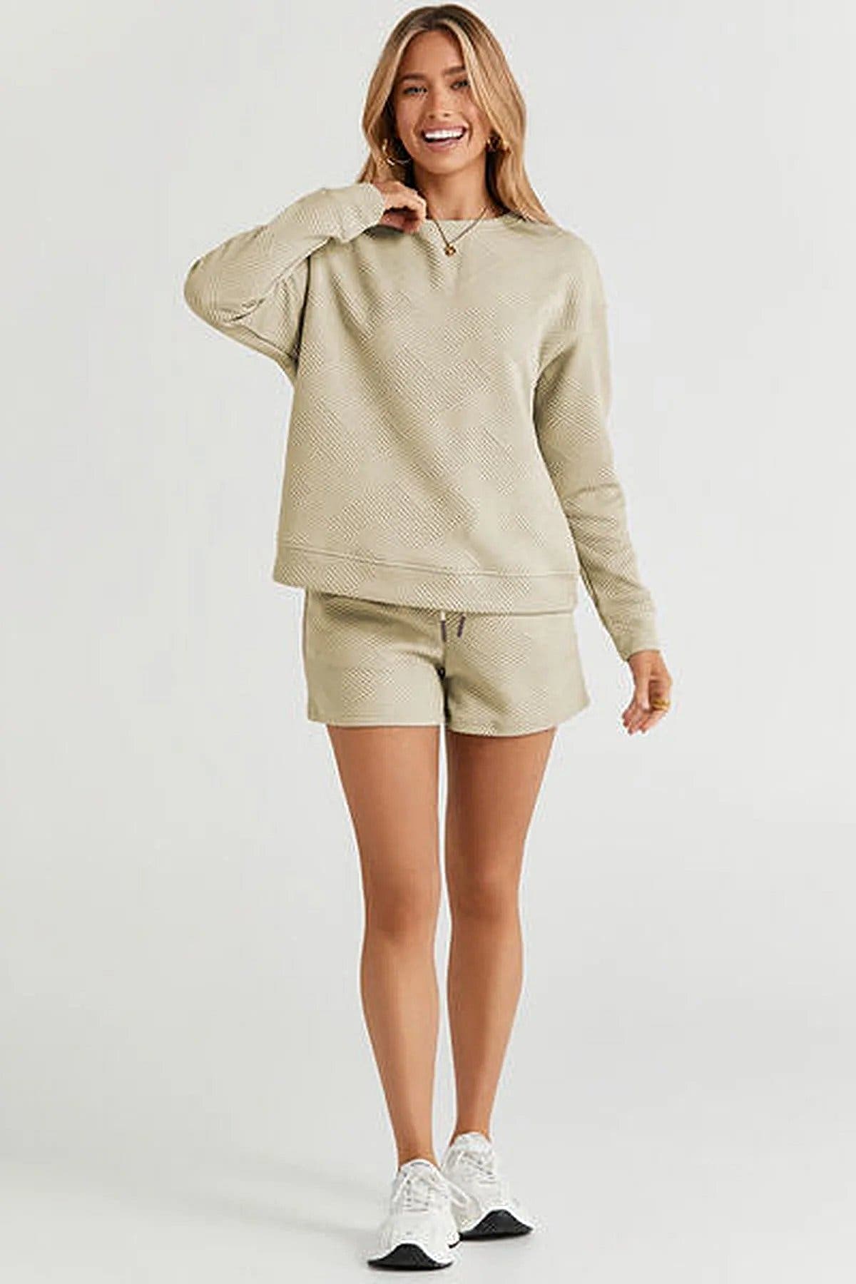 Double Take Full Size Long Sleeve Top Shorts Set with Pockets - Comfortable & Stretchy Trendsi