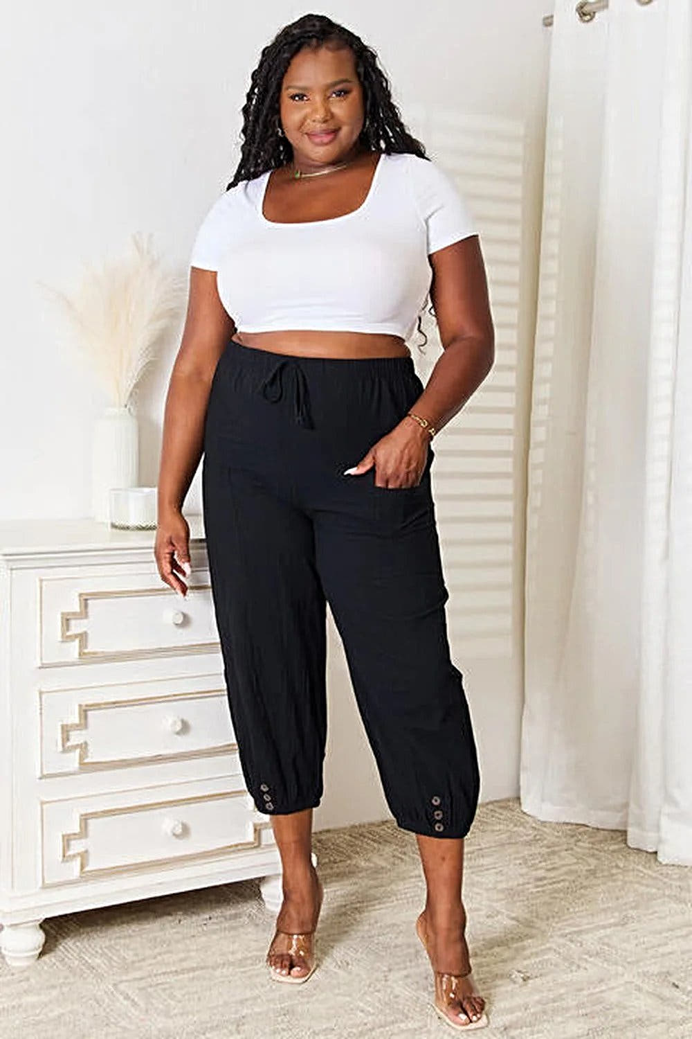 Double Take Decorative Button Cropped Pants, Also Plus sizes -