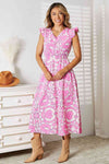 Double Take Floral V-Neck Cap Sleeve Dress-Trendsi-Fuchsia Pink-S-SatinBoutique