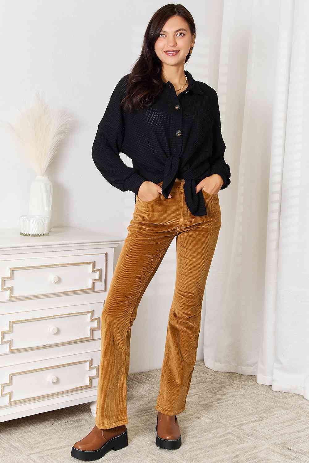 Double Take Waffle-Knit Collared Neck Dropped Shoulder Shirt -