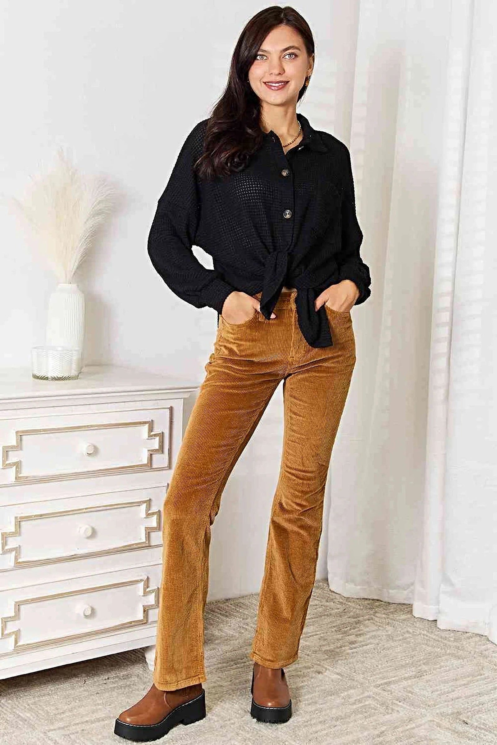Double Take Waffle-Knit Collared Neck Dropped Shoulder Shirt Trendsi