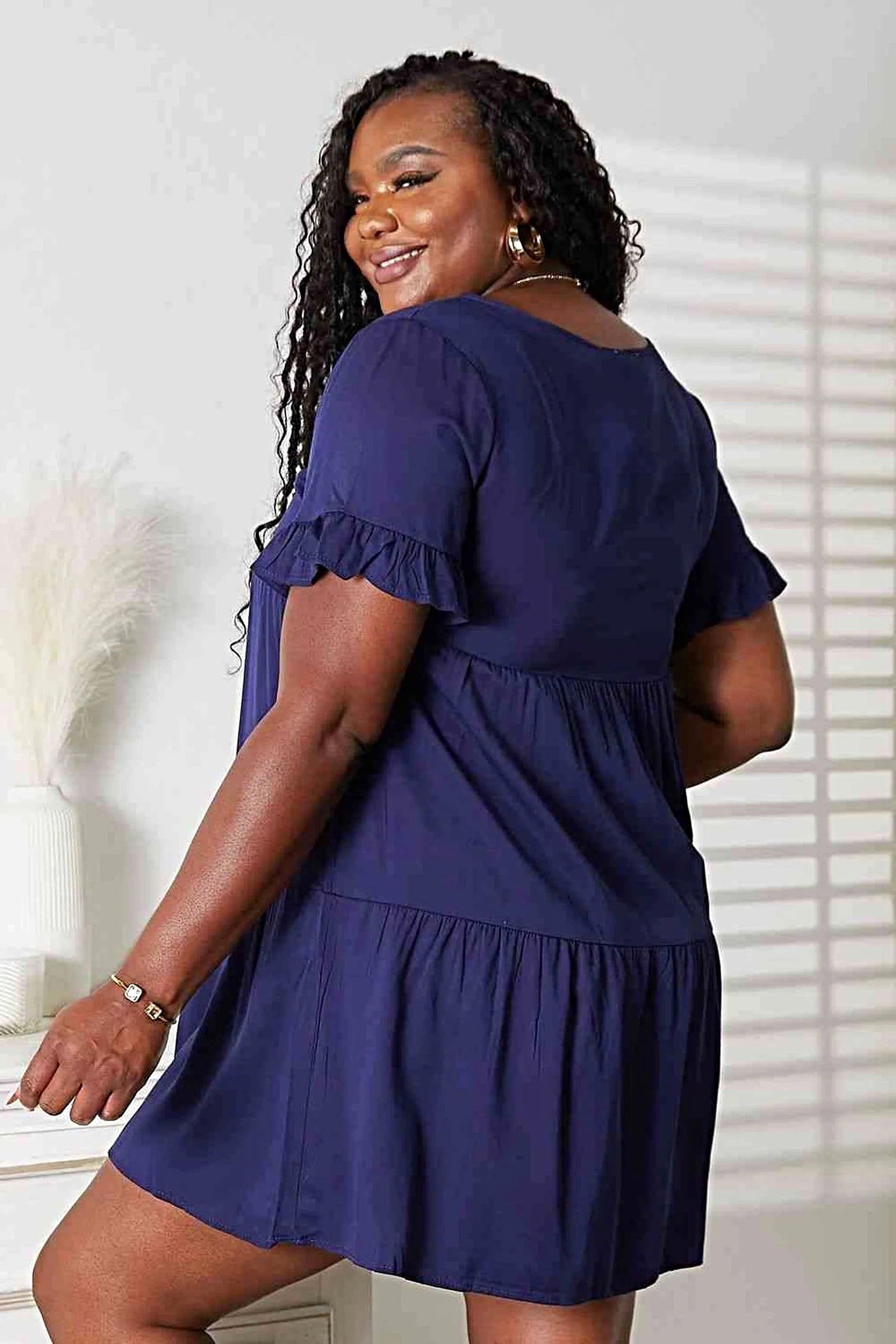 Double Take V-Neck Flounce Sleeve Tiered Dress -
