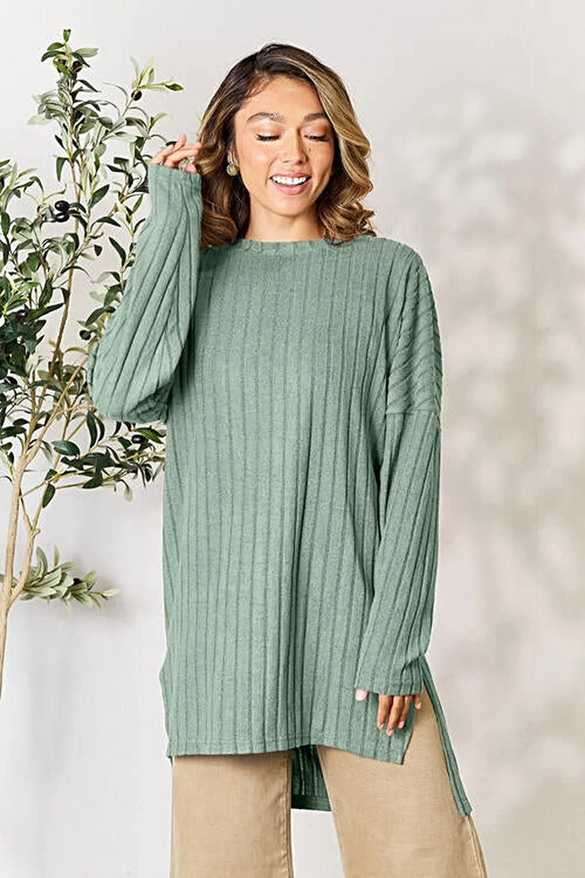 Chic Ribbed Long Sleeve Top with Slit - Basic Bae Full Size Round Neck Design for Effortless Style Trendsi