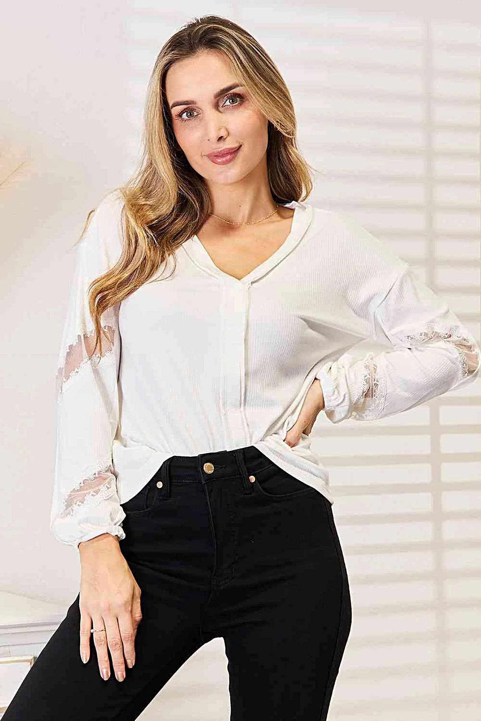 Sophisticated V-Neck Blouse with Dropped Shoulders and Elegant Lace Detail Trendsi