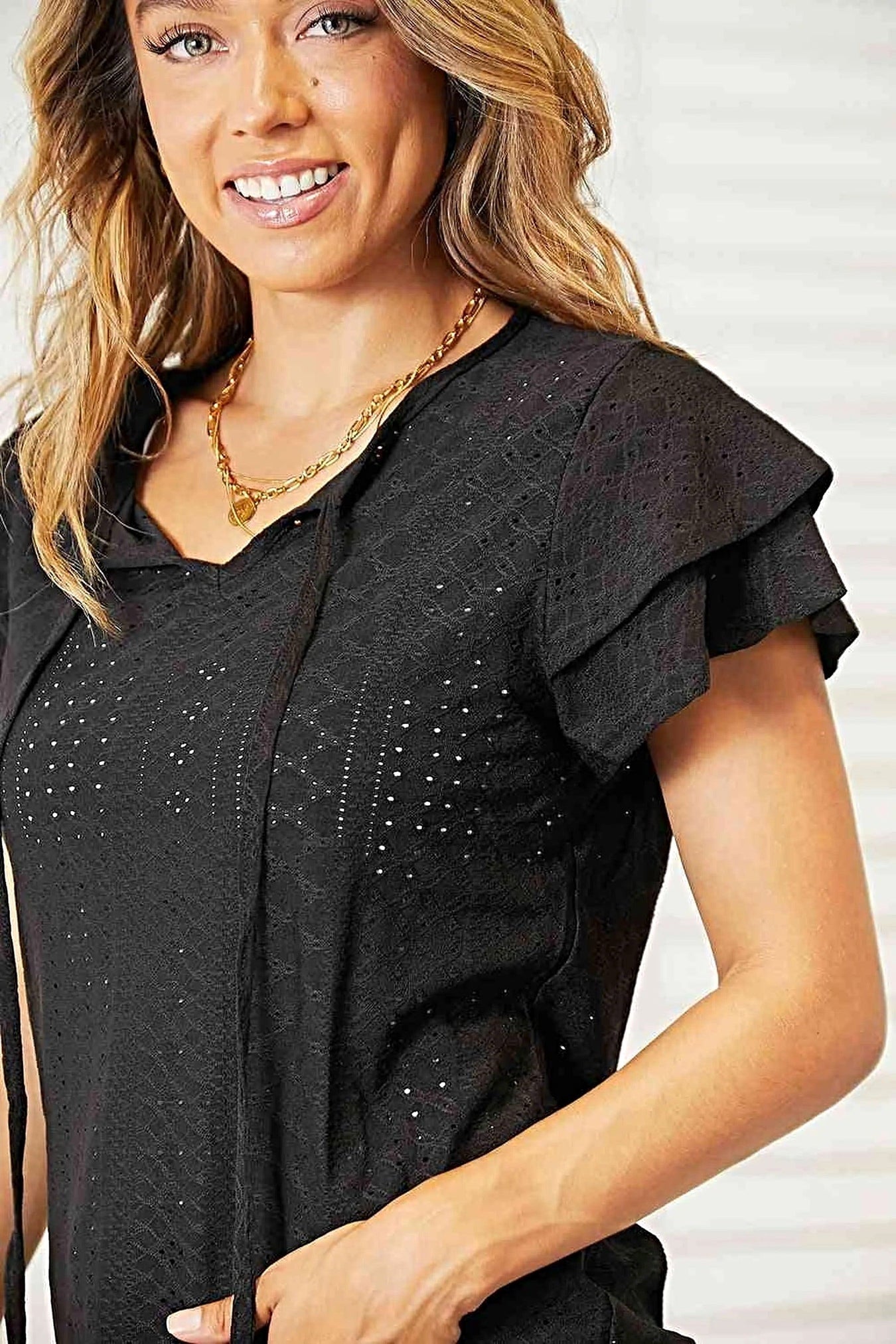 Elegant Double Take Flutter Sleeve Blouse With Eyelet Tie-Neck Design Trendsi