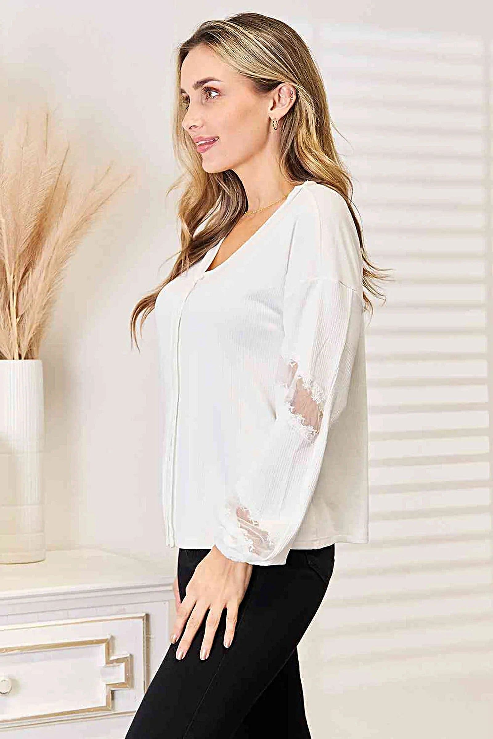 Sophisticated V-Neck Blouse with Dropped Shoulders and Elegant Lace Detail Trendsi