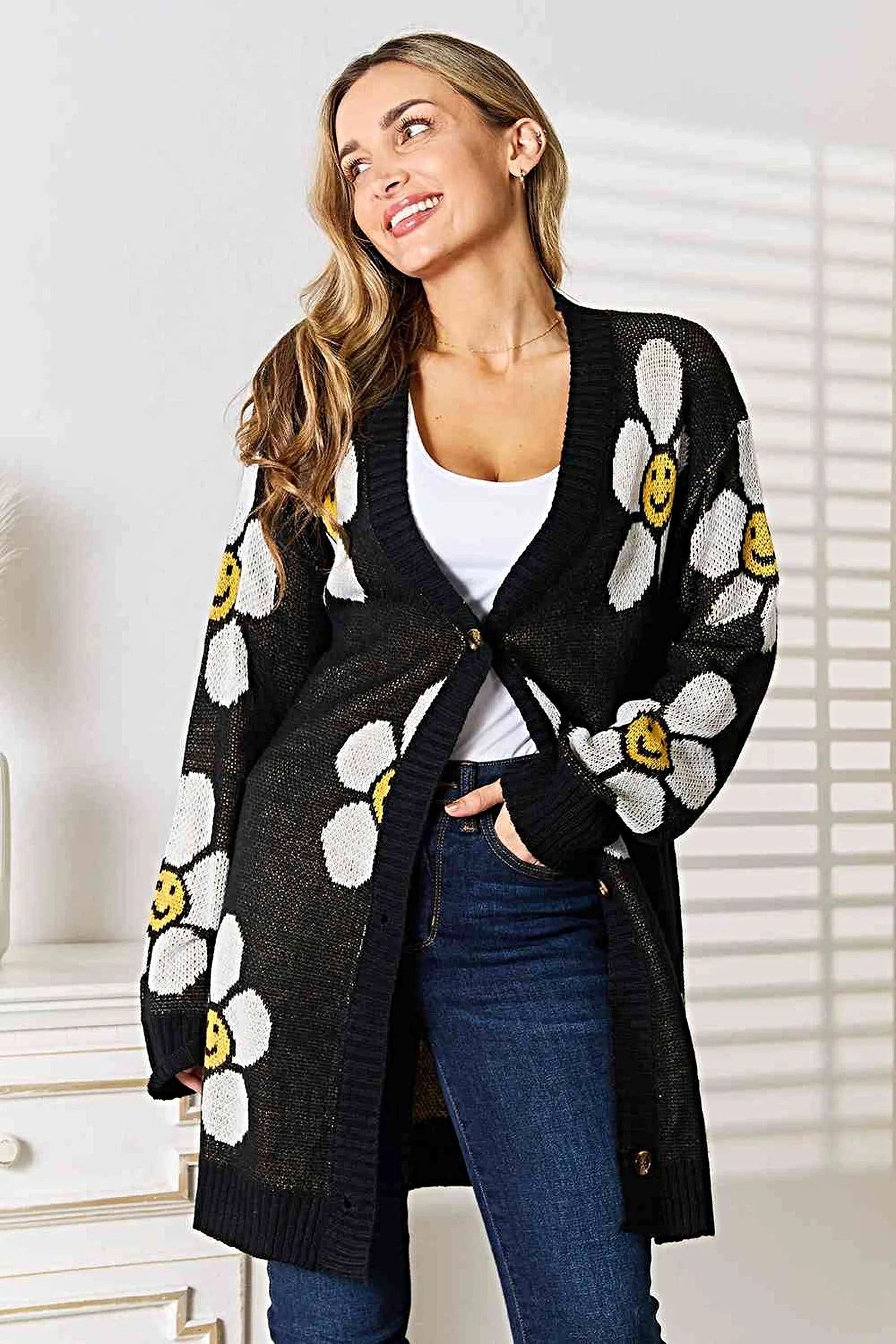 Floral Longline Cardigan - Elegant Button Down Closure, Ribbed Detail & Moderate Stretch Trendsi