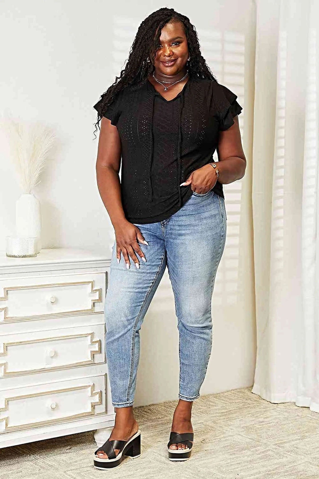 Elegant Double Take Flutter Sleeve Blouse With Eyelet Tie-Neck Design Trendsi