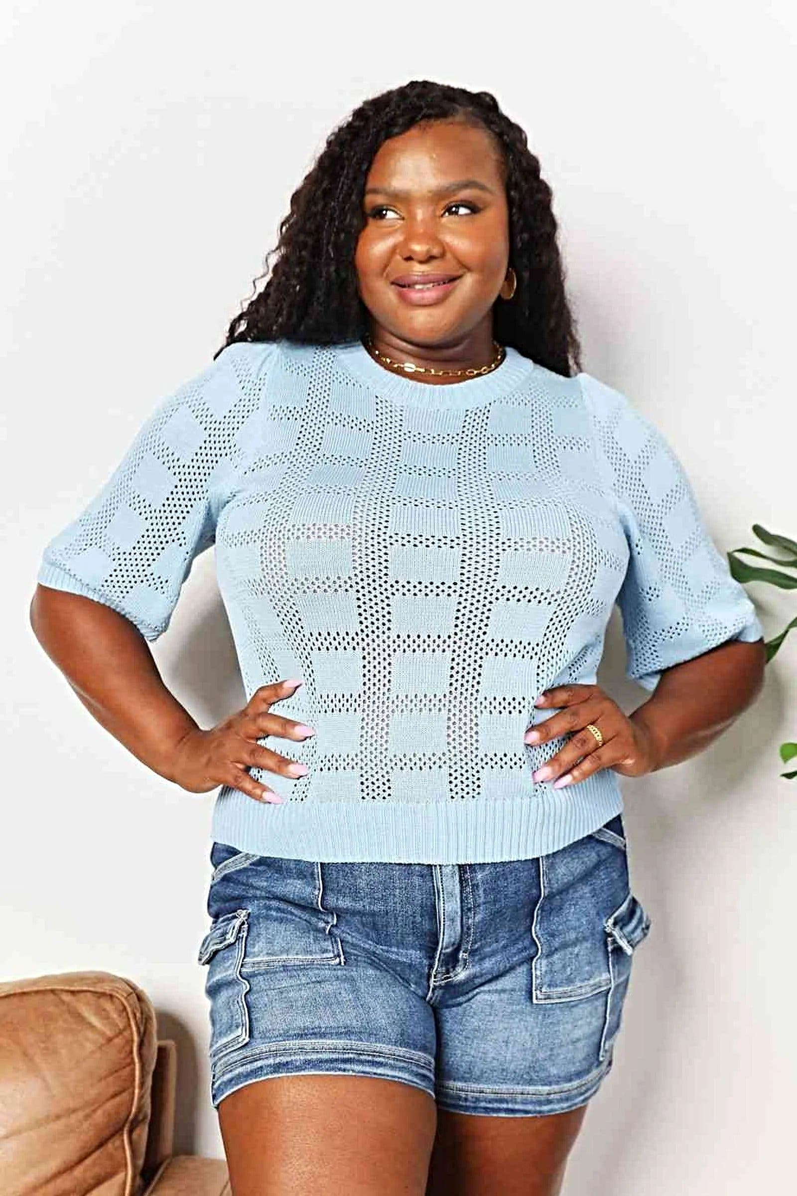 Chic Ribbed Knit Top with Round Neckline and Half Sleeves for Effortless Style Trendsi