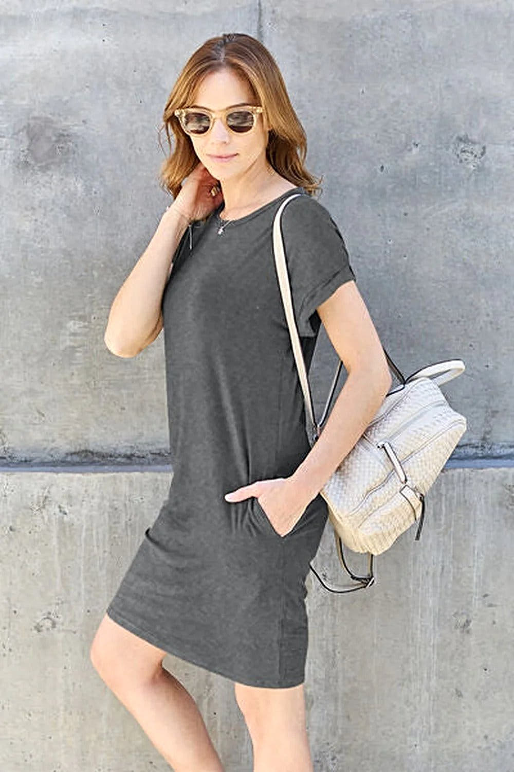 Casual Short Sleeve Dress With Pockets - Basic Bae Full Size Round Neck Style Trendsi