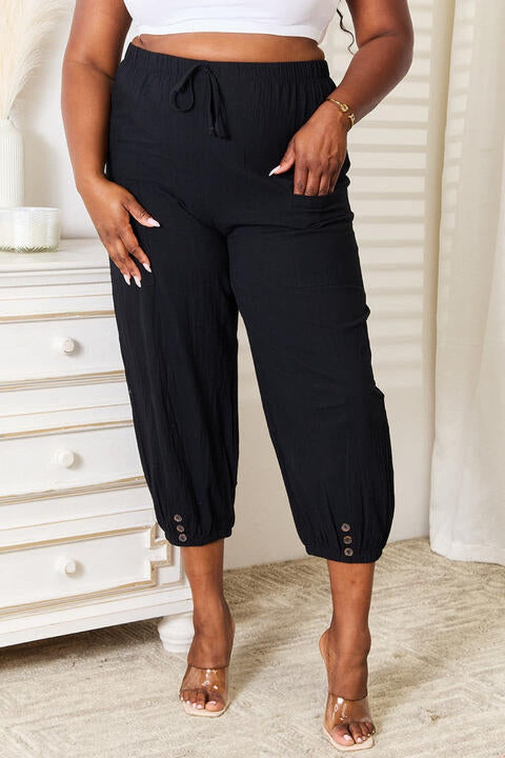 Double Take Decorative Button Cropped Pants, Also Plus sizes -