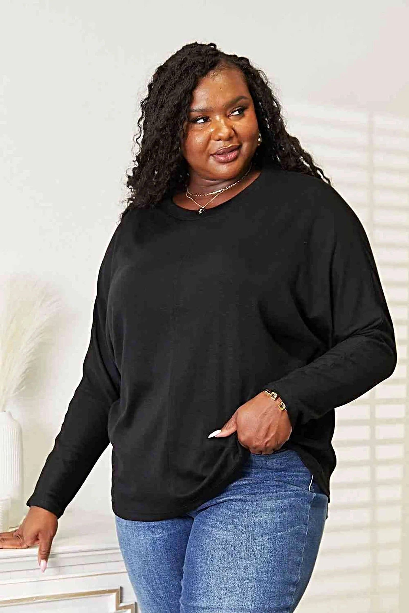 Sophisticated Round Neck Long Sleeve Shirt with Seam Detail – Versatile Basic Top Trendsi