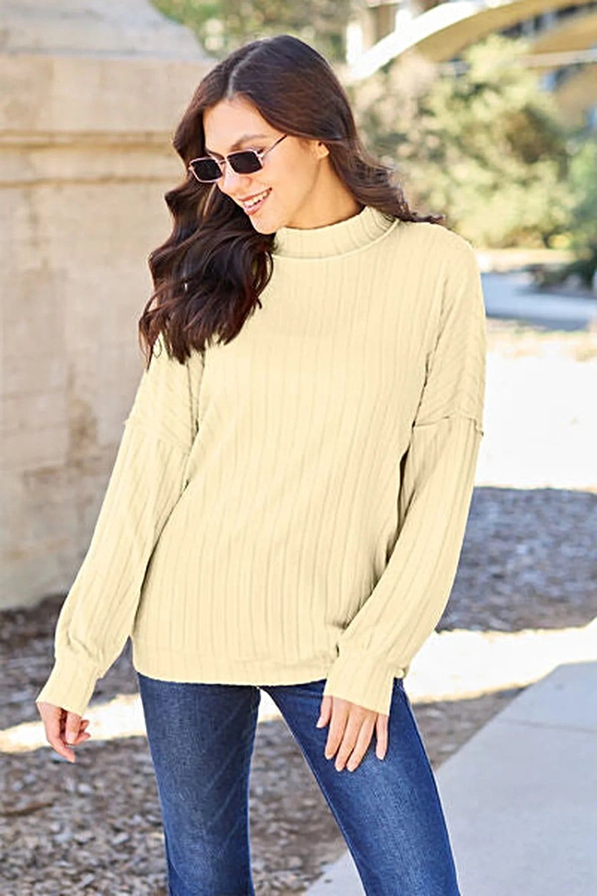 Luxury Ribbed Mock Neck Top – Full Size, Slightly Stretchy, Opaque Knit Elegance by Trendsi Trendsi