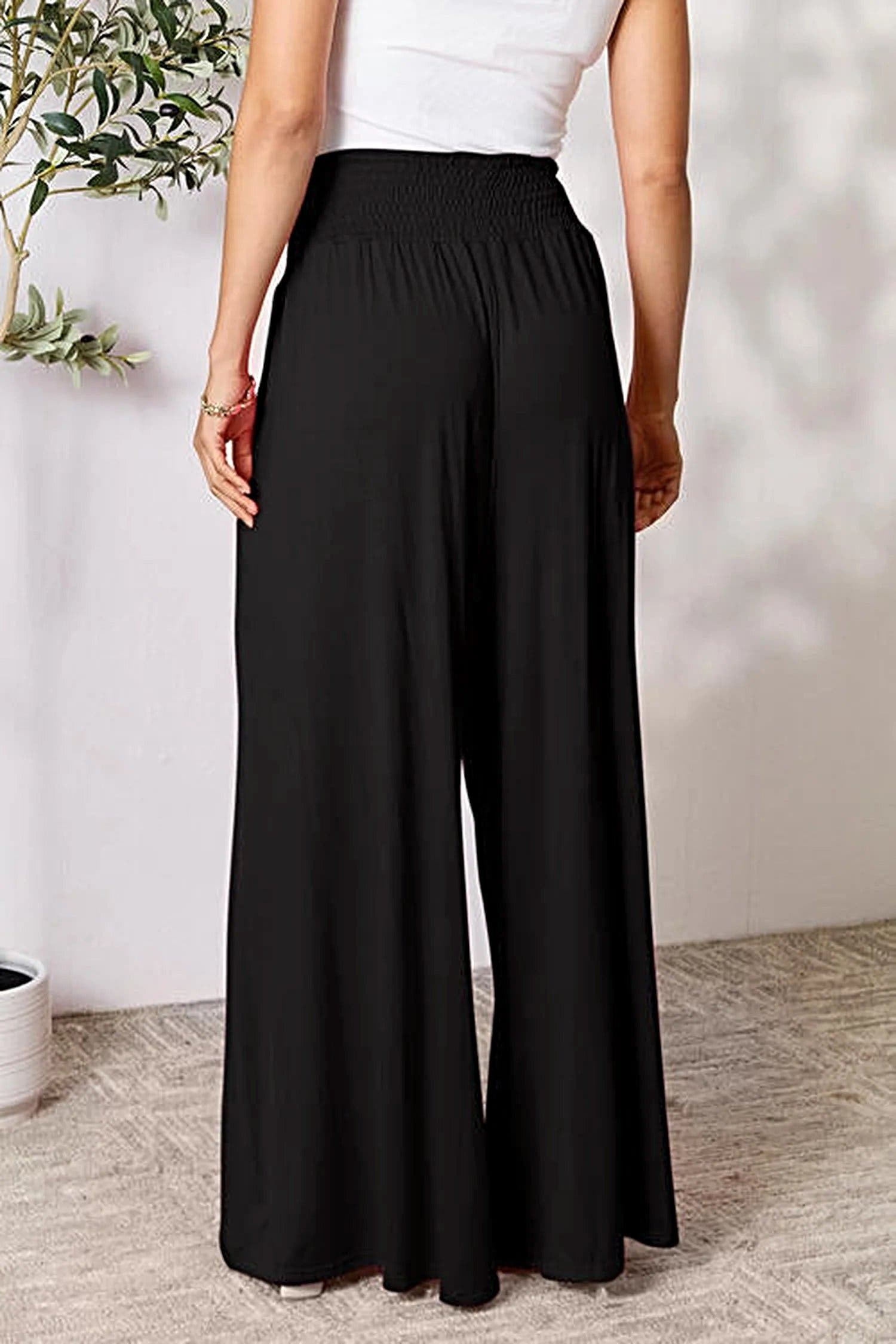 Elegant Wide Leg Pants with Smocked Waistband - Opaque Comfort in Sizes S-3XL Trendsi