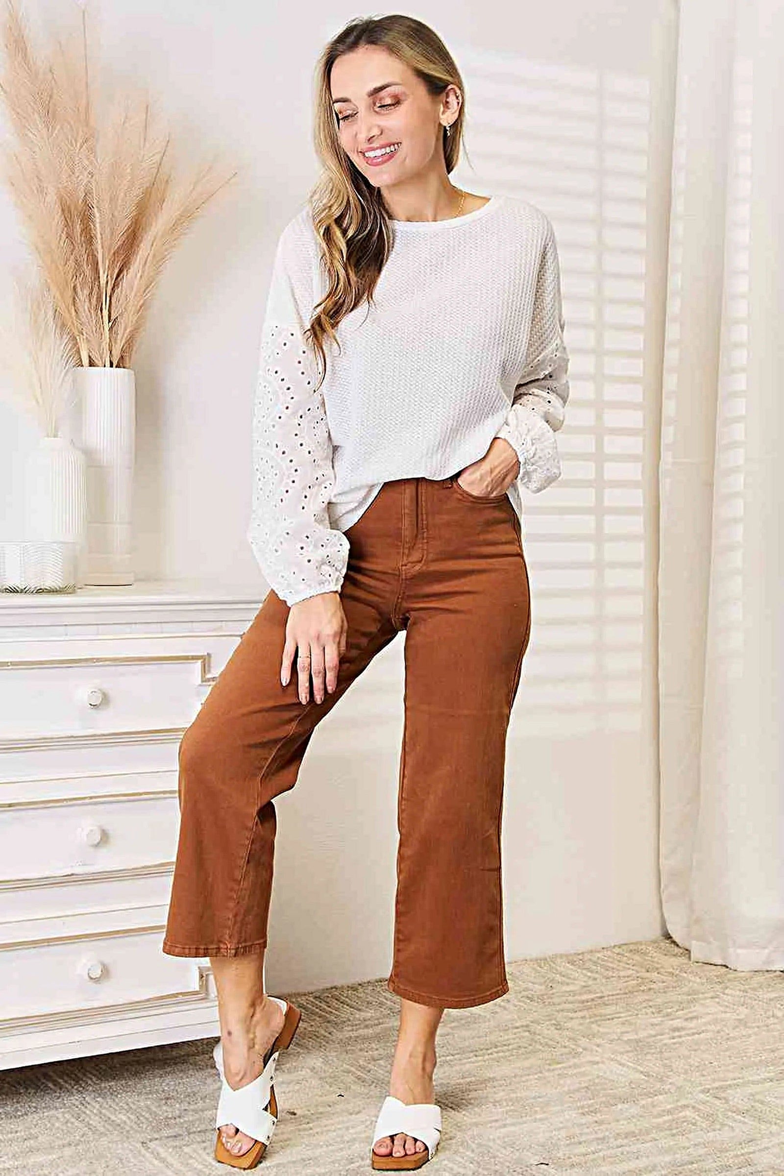 Elegant Double Take Eyelet Blouse Women with Dropped Shoulders & Round Neck, Plus Sizes Available Trendsi