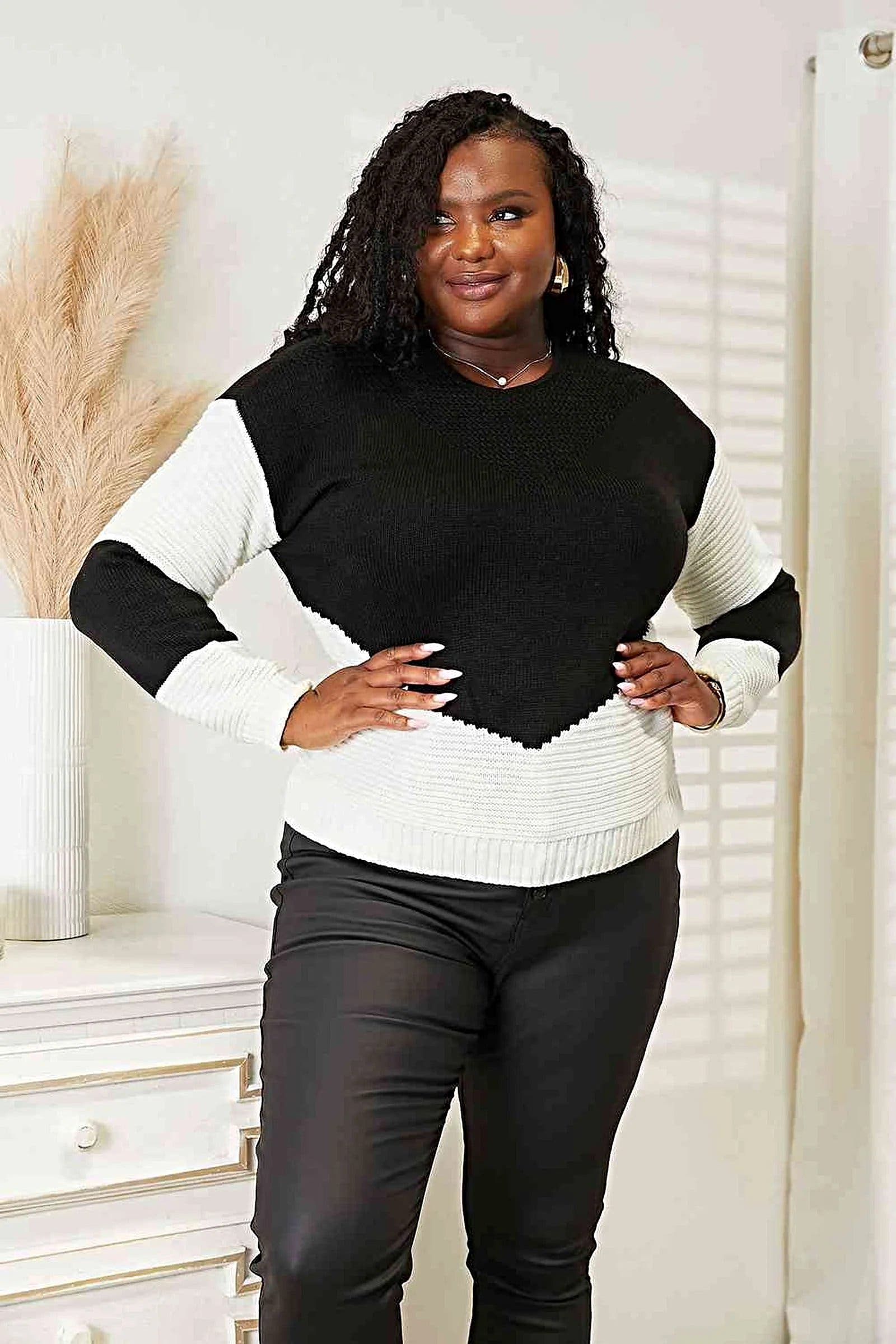 Two-Tone Openwork Rib-Knit Sweater with Long Sleeves - Cozy 100% Acrylic Fashion Essential Trendsi