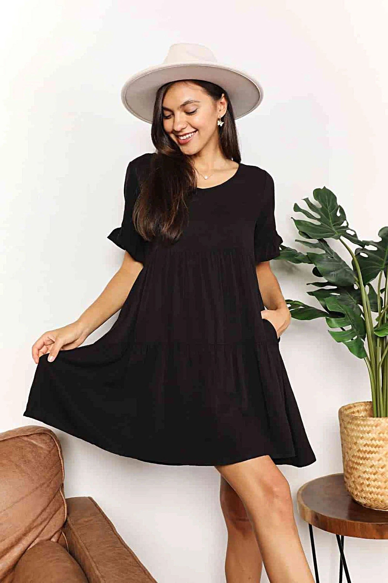 Double Take V-Neck Flounce Sleeve Tiered Dress -
