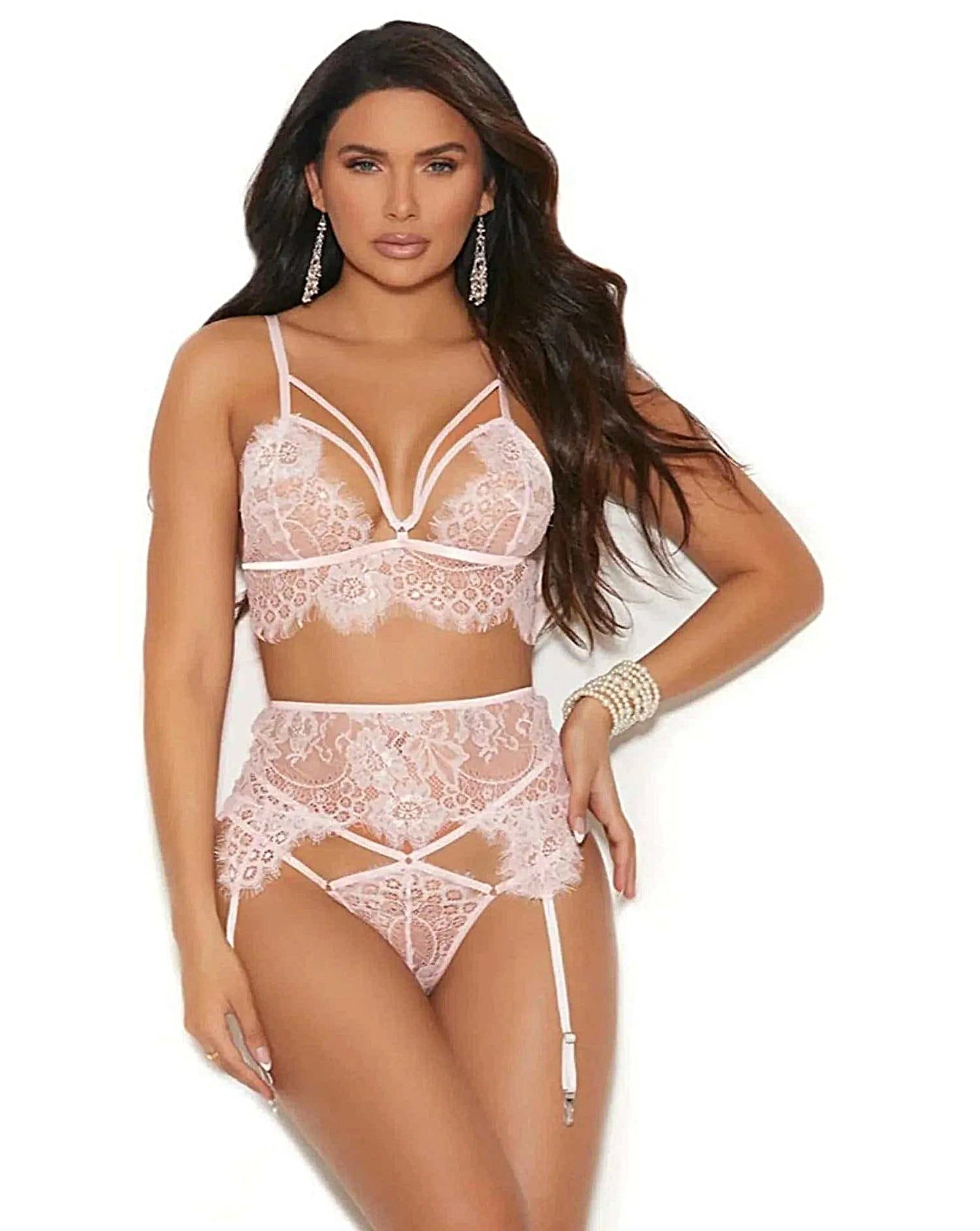 Elegant Eyelash Lace Bralette Set - 3 Piece Strappy Detail Thong & Garter Belt - Bra set