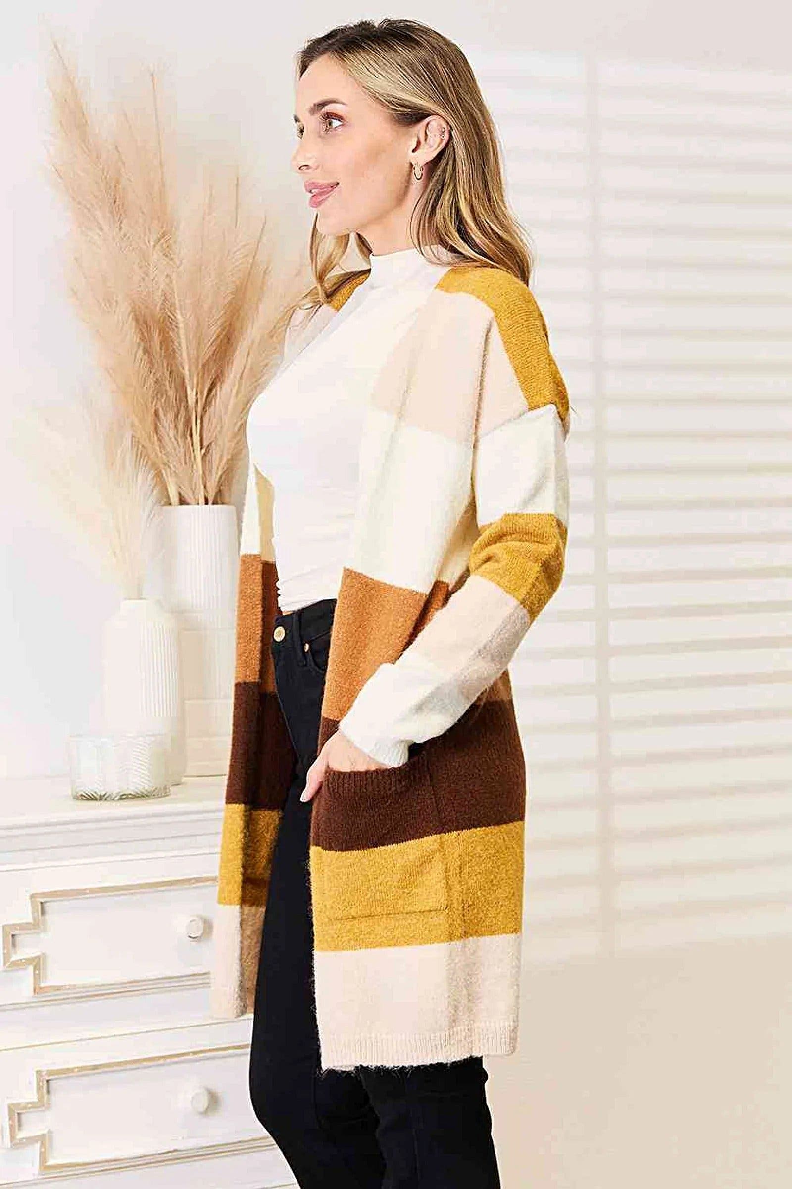 Woven Right Color Block Dropped Shoulder Cardigan with Pockets – Trendy & Comfortable Style Trendsi