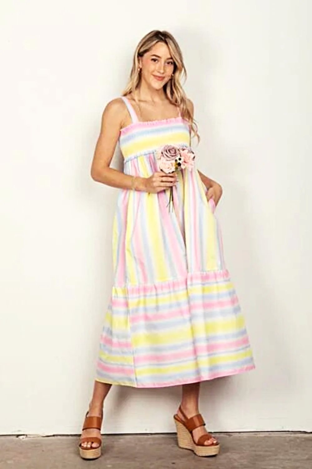 Elegant Striped Midi Dress With Smocked Bodice And Adjustable Cami Straps Trendsi