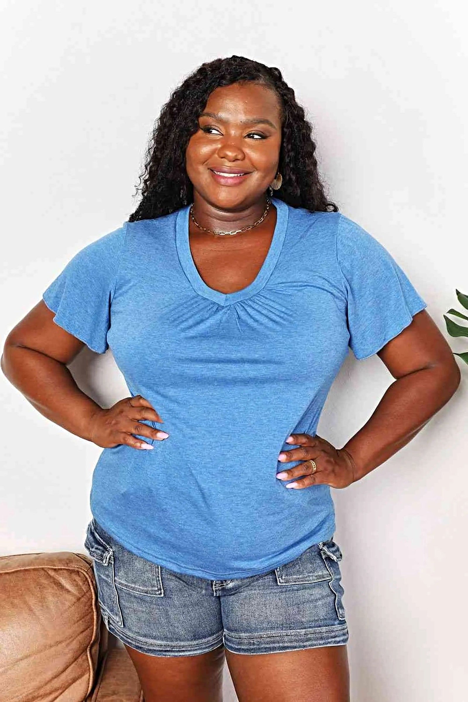 Stylish Ruched V-Neck T-Shirt with Flutter Sleeves - Chic Everyday Essential Trendsi